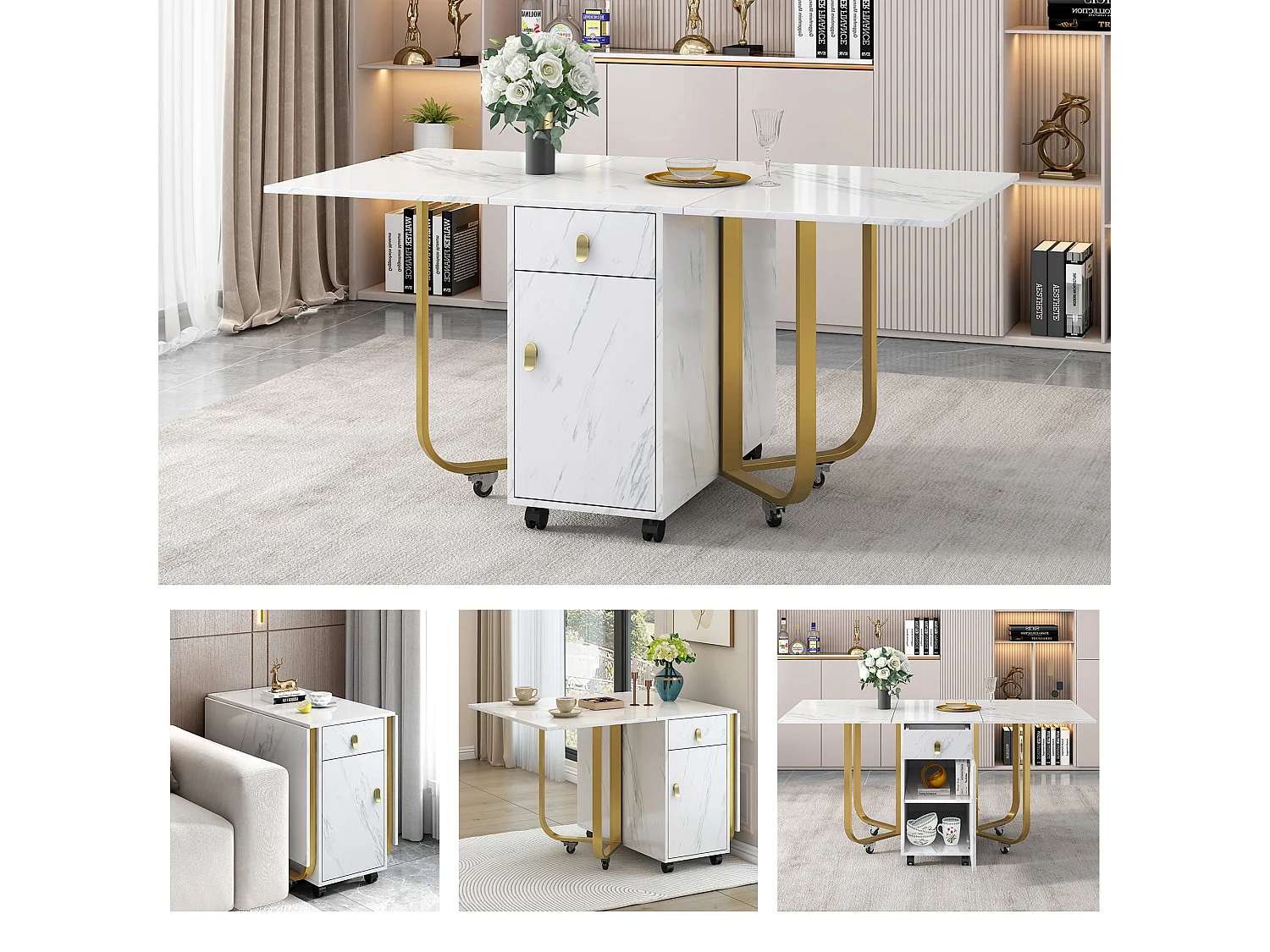Folding dining table for 4 to 8 place settings on casters - 2 doors + 2 drawers - MDF and metal - Gold + white