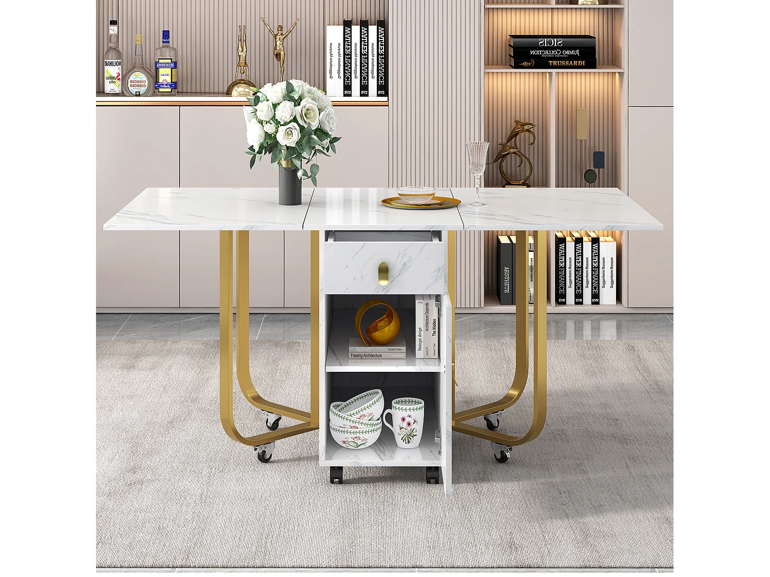 Folding dining table for 4 to 8 place settings on casters - 2 doors + 2 drawers - MDF and metal - Gold + white