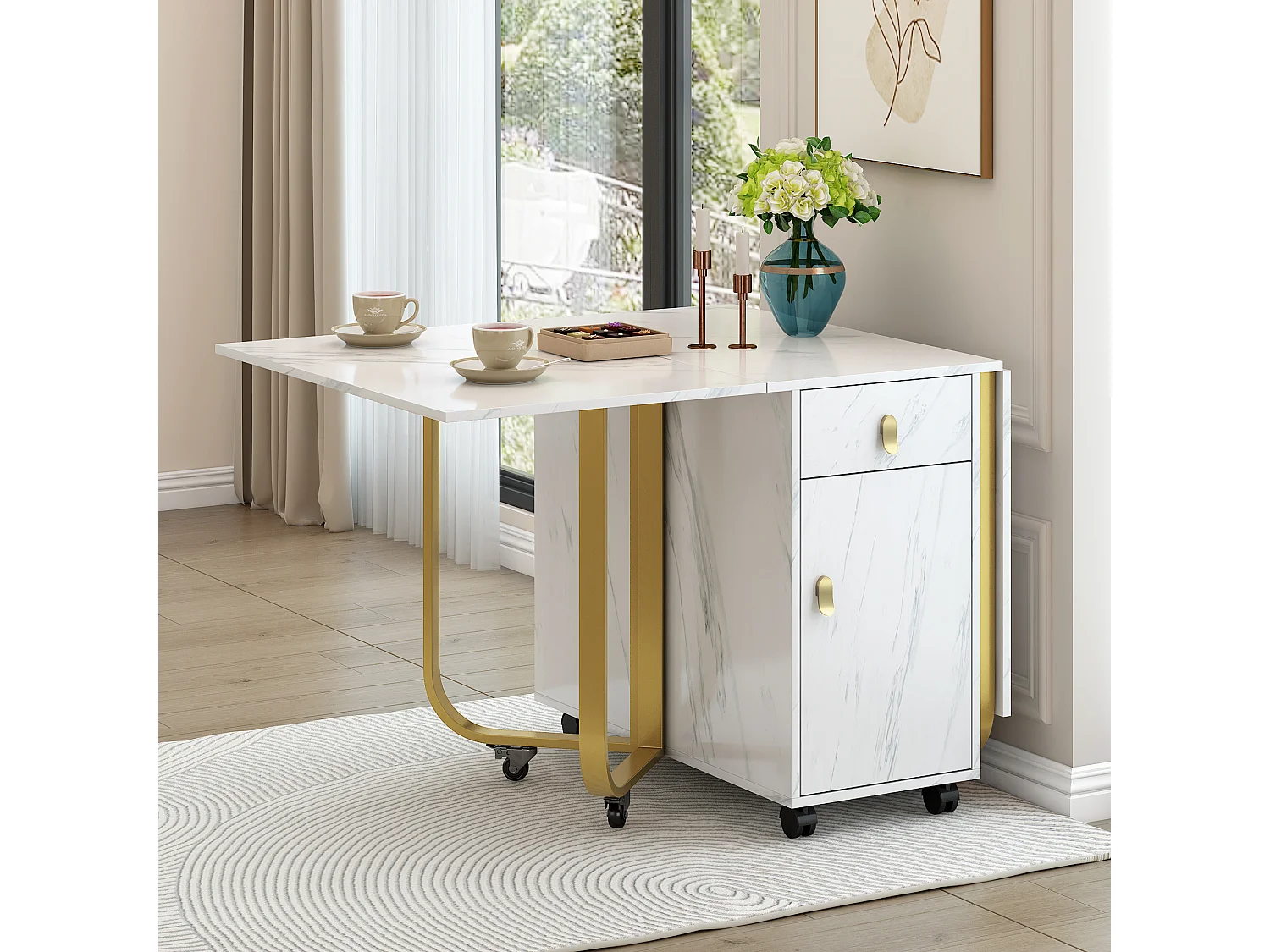 Folding dining table for 4 to 8 place settings on casters - 2 doors + 2 drawers - MDF and metal - Gold + white