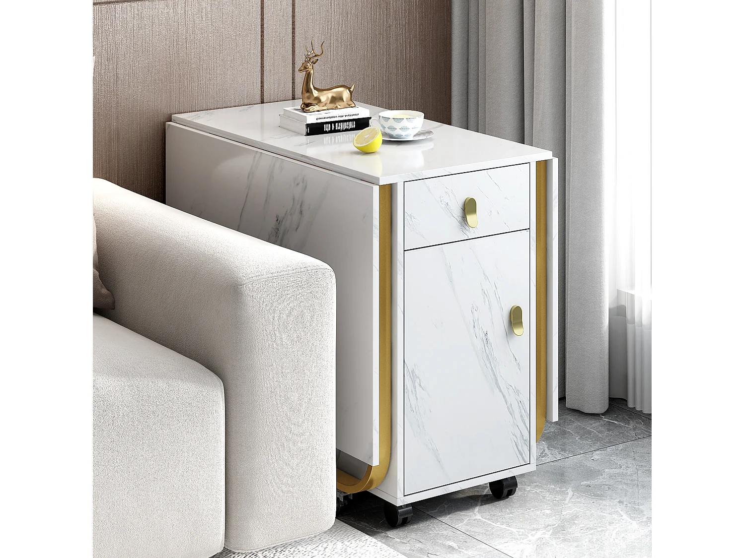 Folding dining table for 4 to 8 place settings on casters - 2 doors + 2 drawers - MDF and metal - Gold + white