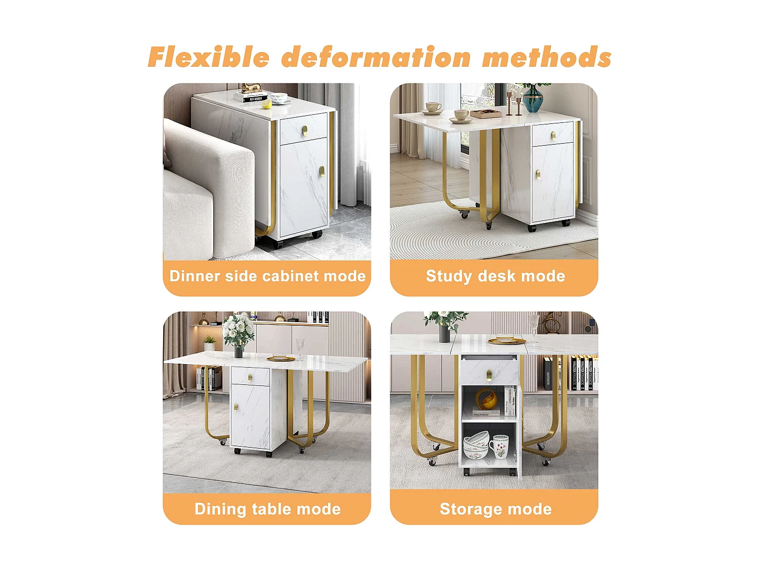 Folding dining table for 4 to 8 place settings on casters - 2 doors + 2 drawers - MDF and metal - Gold + white