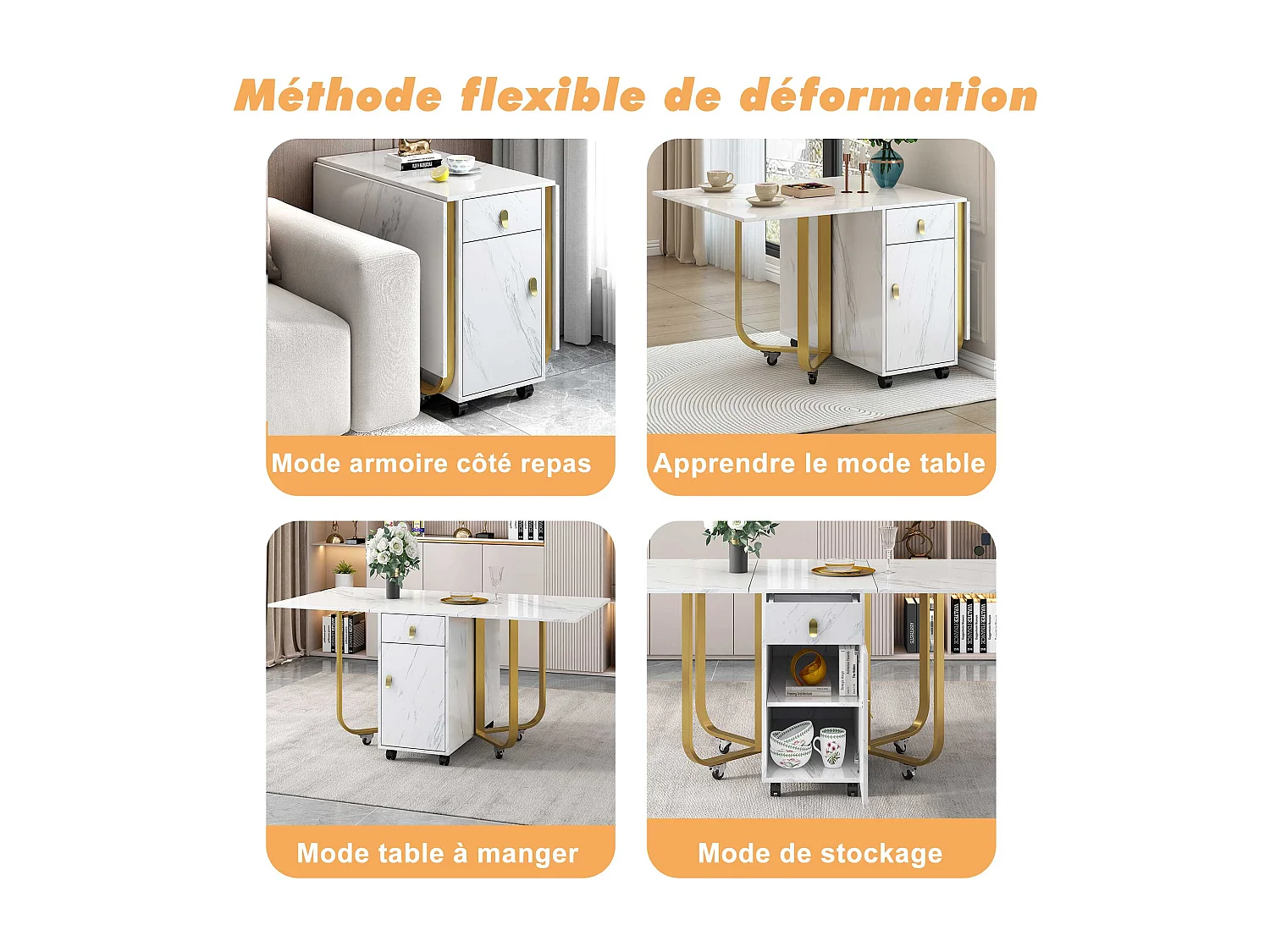 Folding dining table for 4 to 8 place settings on casters - 2 doors + 2 drawers - MDF and metal - Gold + white