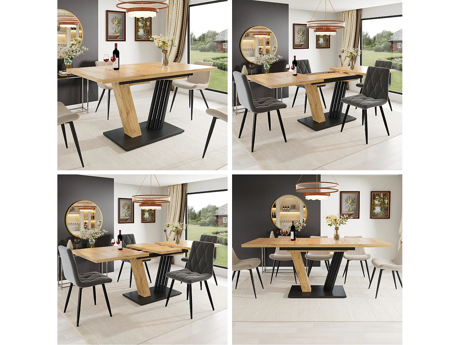 Extendable dining table for 4-6 people - 120/160 x 80 x 76 cm - wood finish top - MDF + metal - natural