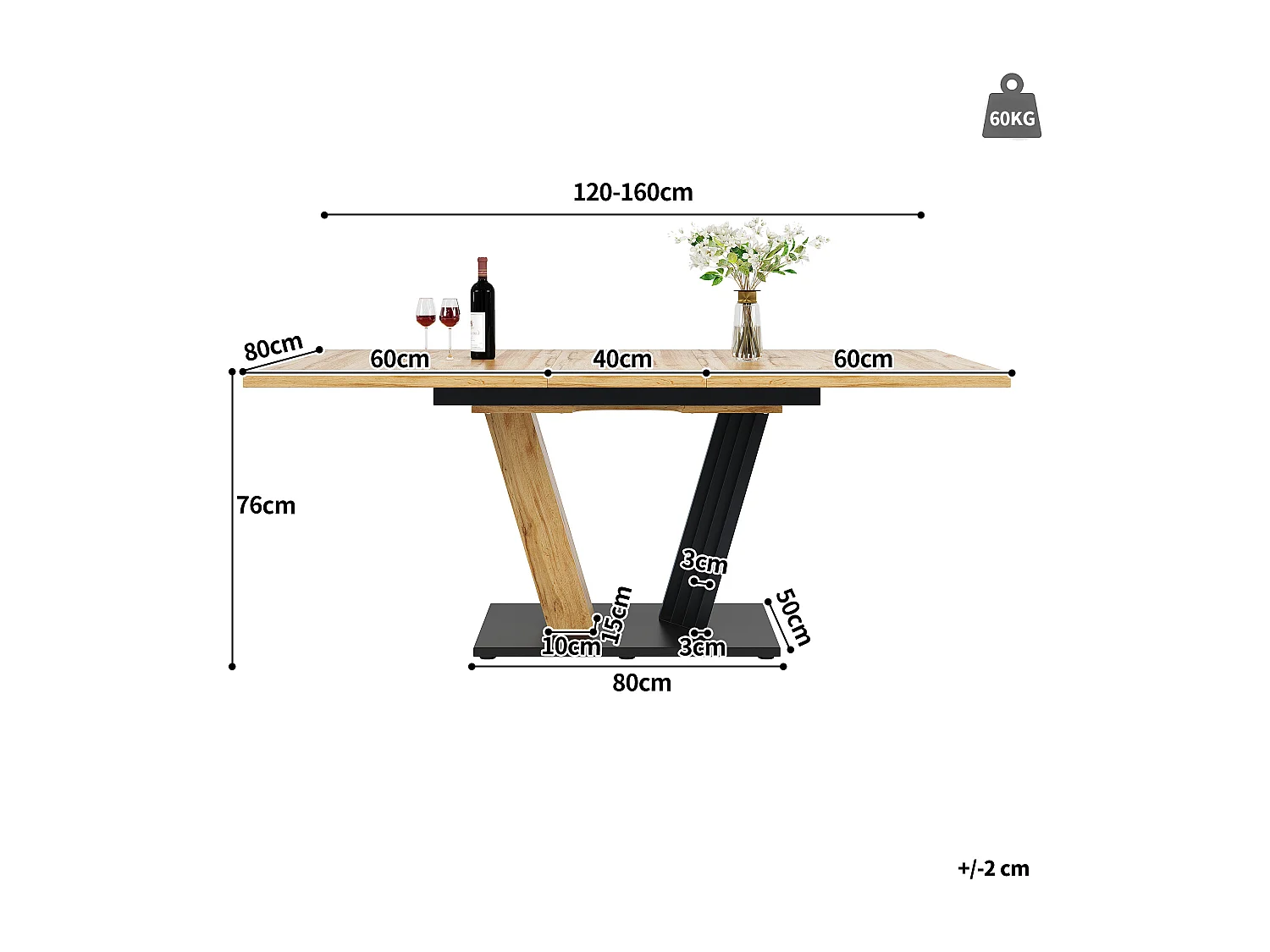 Extendable dining table for 4-6 people - 120/160 x 80 x 76 cm - wood finish top - MDF + metal - natural