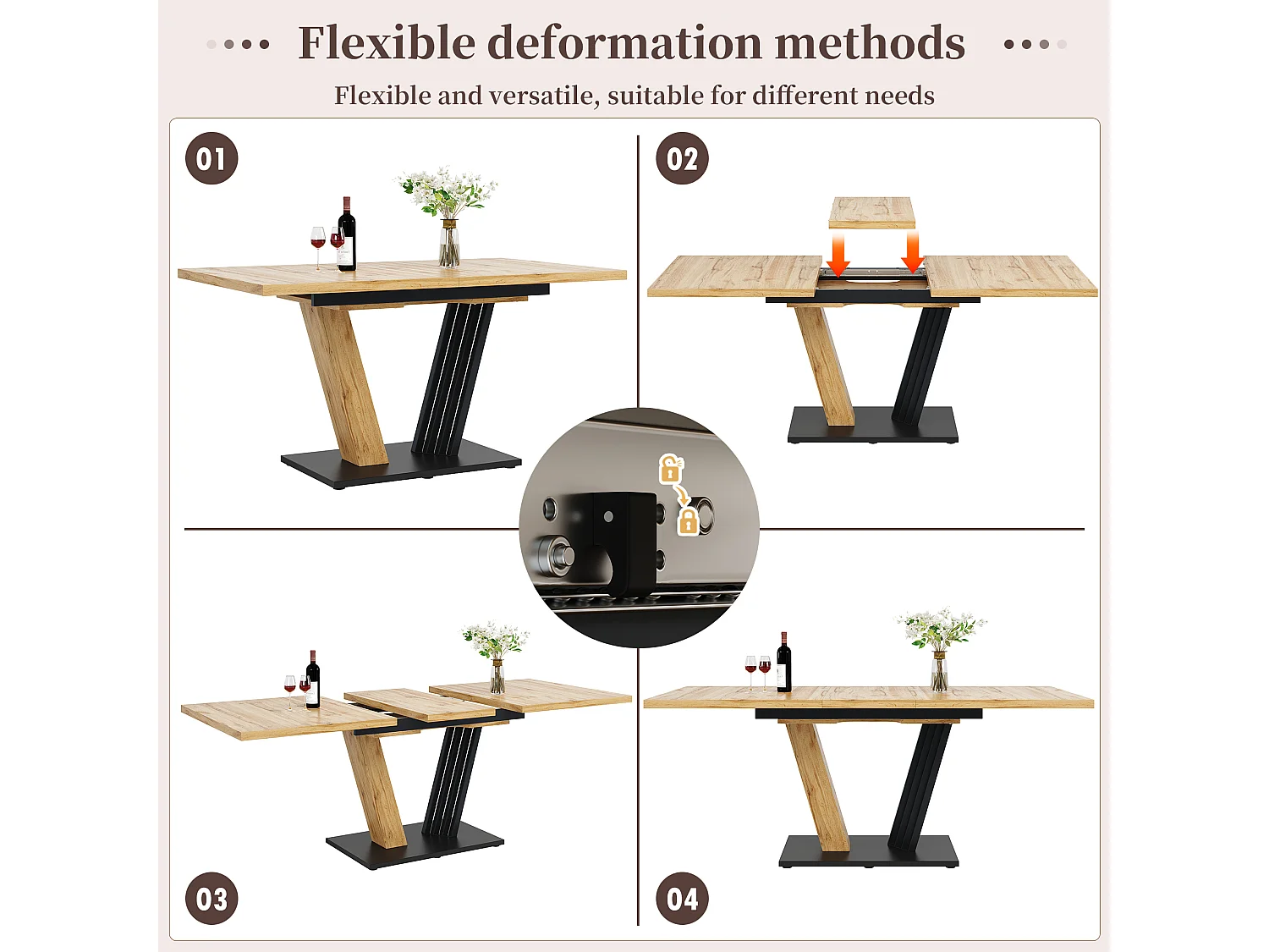 Extendable dining table for 4-6 people - 120/160 x 80 x 76 cm - wood finish top - MDF + metal - natural