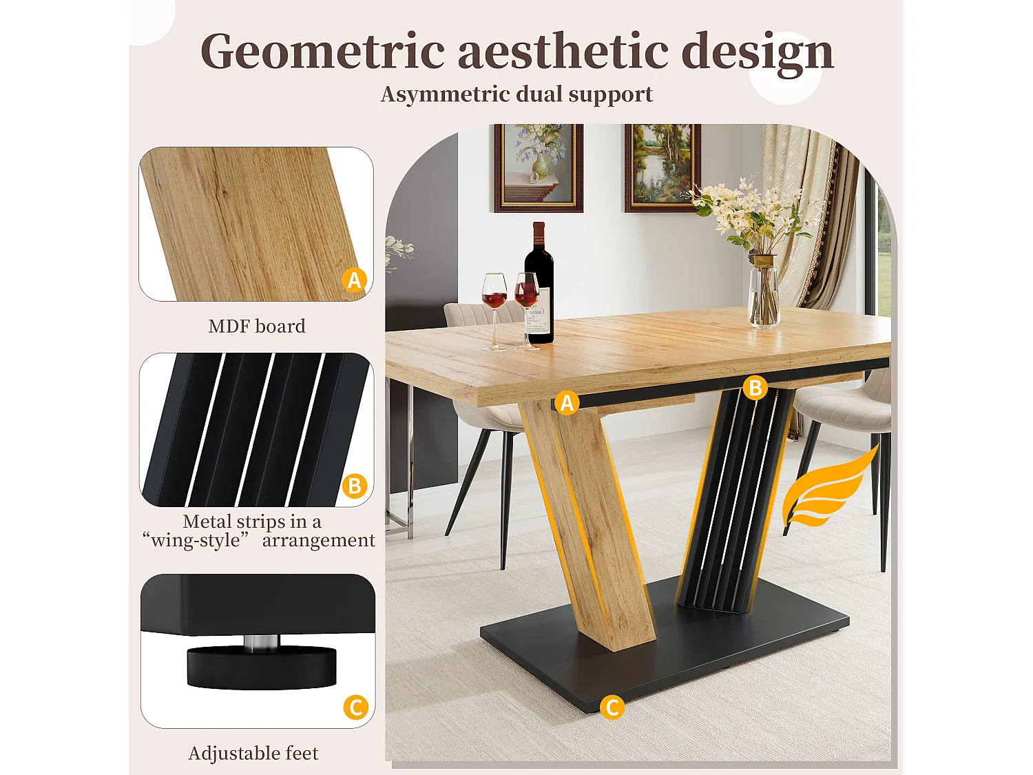 Extendable dining table for 4-6 people - 120/160 x 80 x 76 cm - wood finish top - MDF + metal - natural