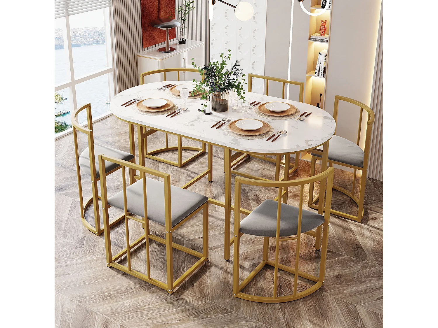 7-piece dining table and chair set - 1 table + 6 chairs with backrests - iron frame - MDF - gold