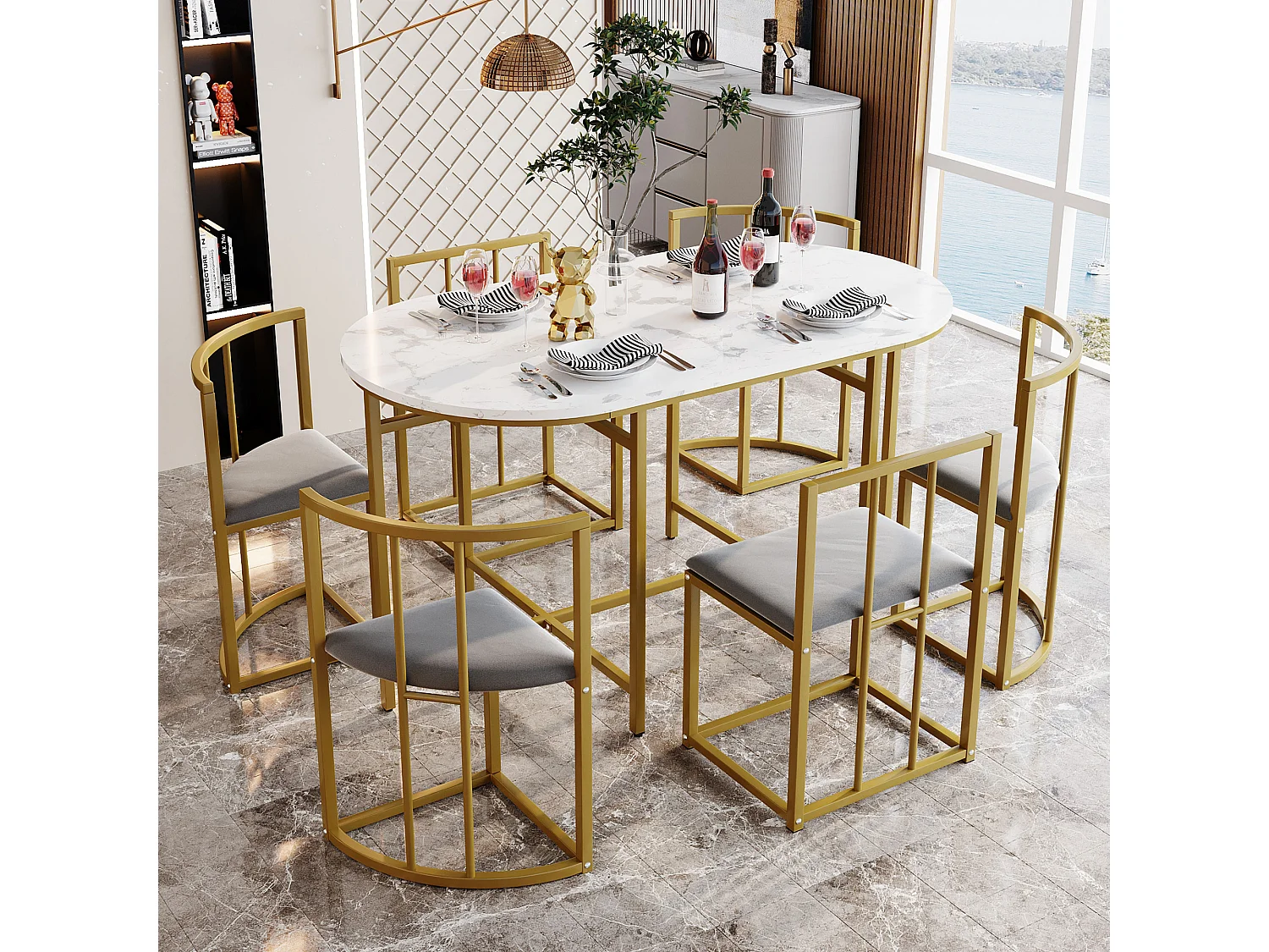 7-piece dining table and chair set - 1 table + 6 chairs with backrests - iron frame - MDF - gold
