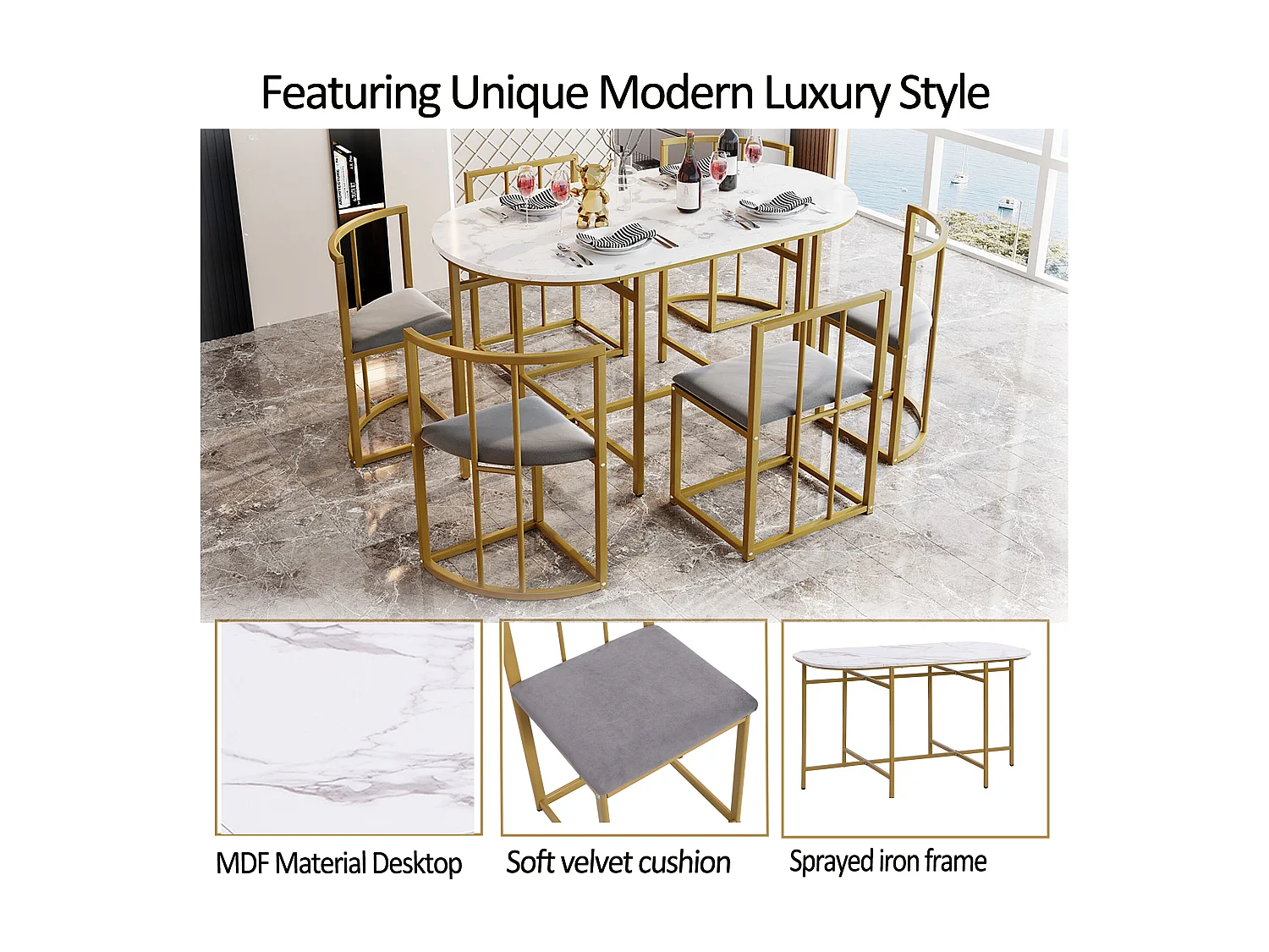 7-piece dining table and chair set - 1 table + 6 chairs with backrests - iron frame - MDF - gold