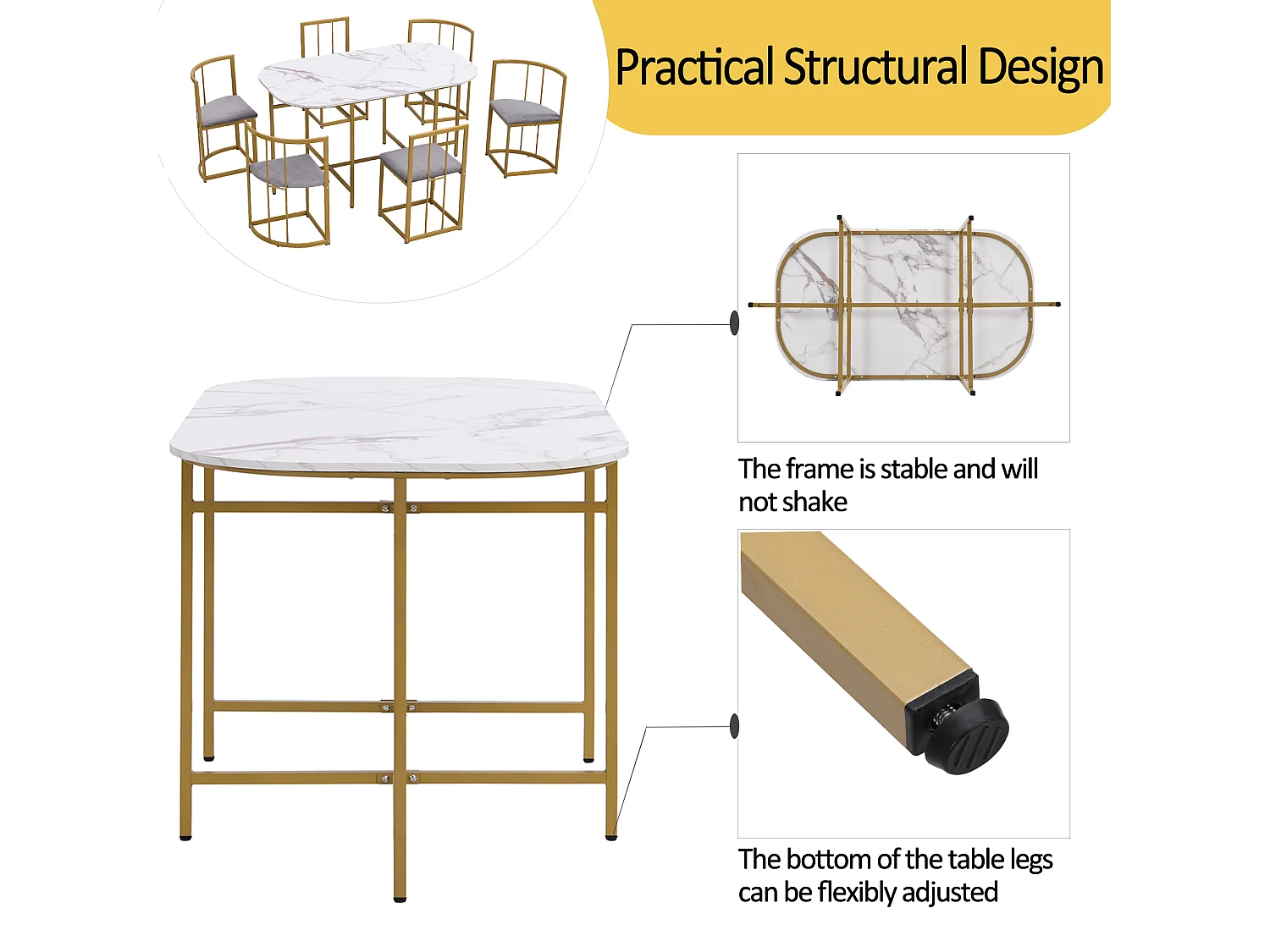 7-piece dining table and chair set - 1 table + 6 chairs with backrests - iron frame - MDF - gold