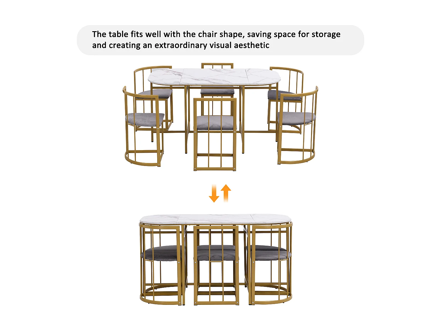 7-piece dining table and chair set - 1 table + 6 chairs with backrests - iron frame - MDF - gold