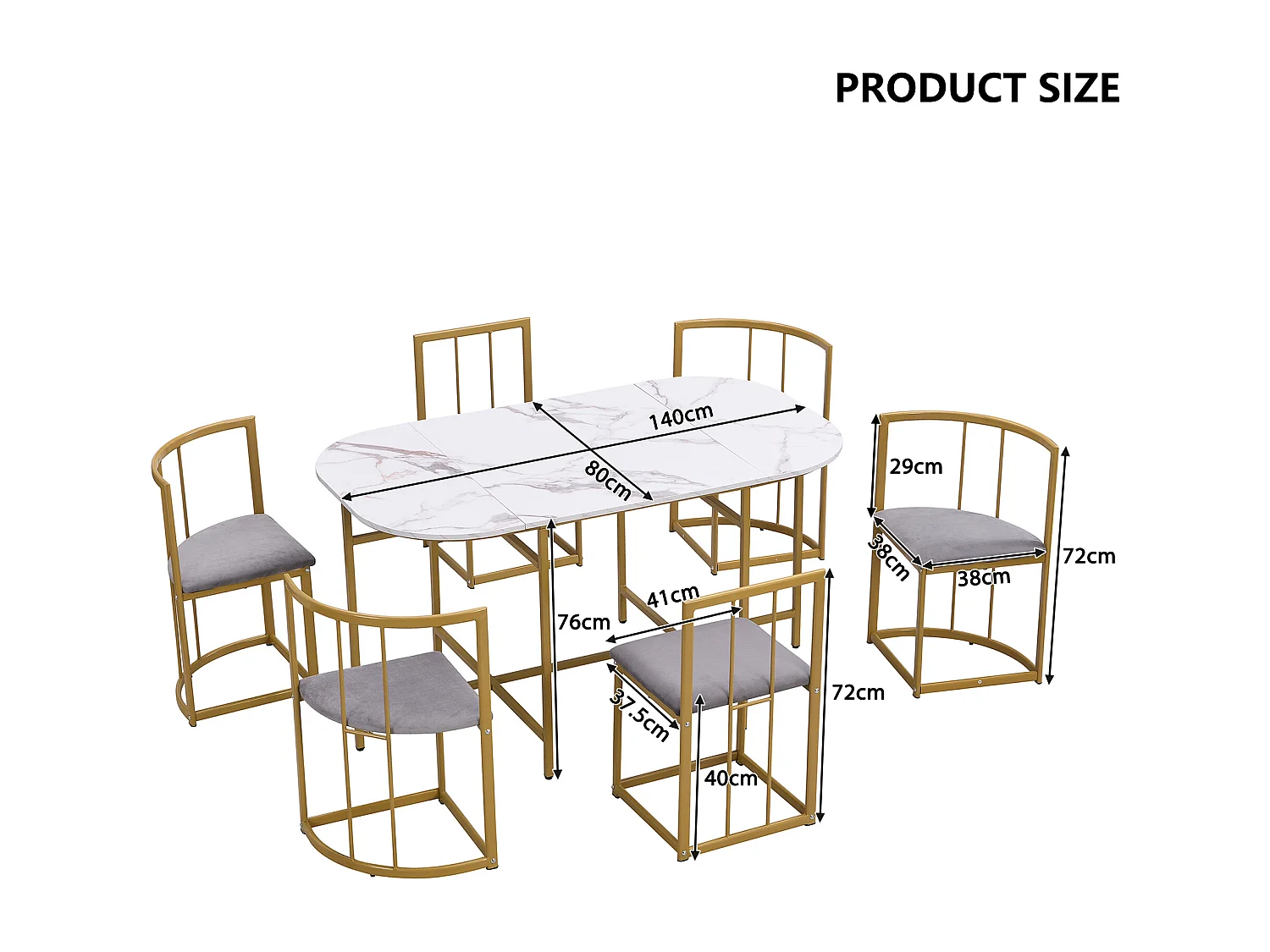 7-piece dining table and chair set - 1 table + 6 chairs with backrests - iron frame - MDF - gold