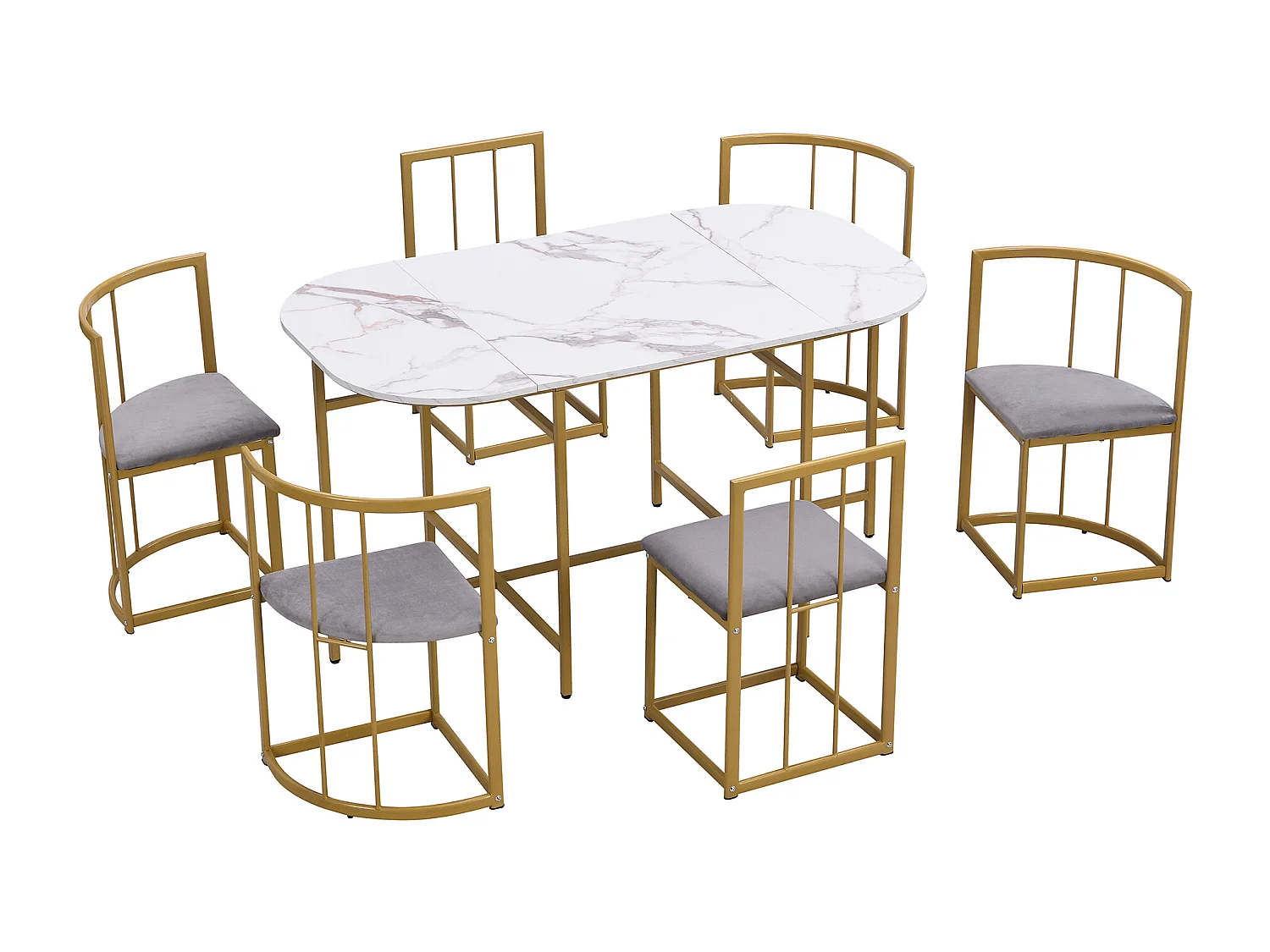 7-piece dining table and chair set - 1 table + 6 chairs with backrests - iron frame - MDF - gold