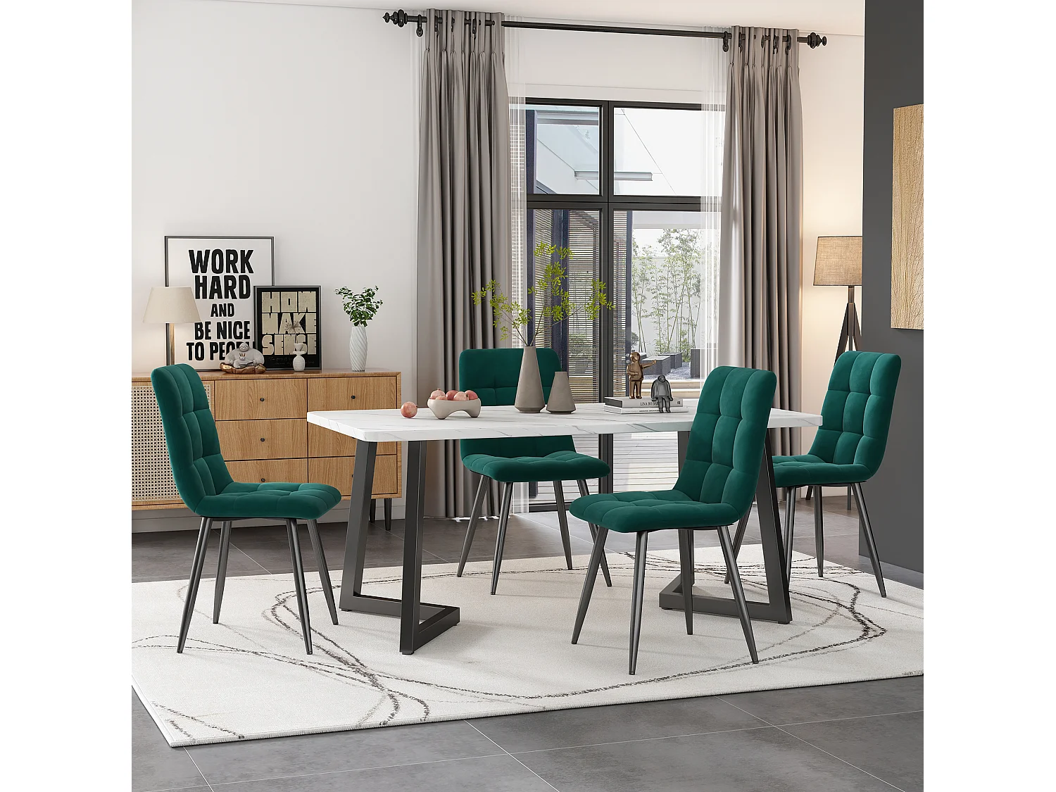 Rectangular dining table for 4 to 6 place settings with marble pattern - MDF wood + metal legs - black and white