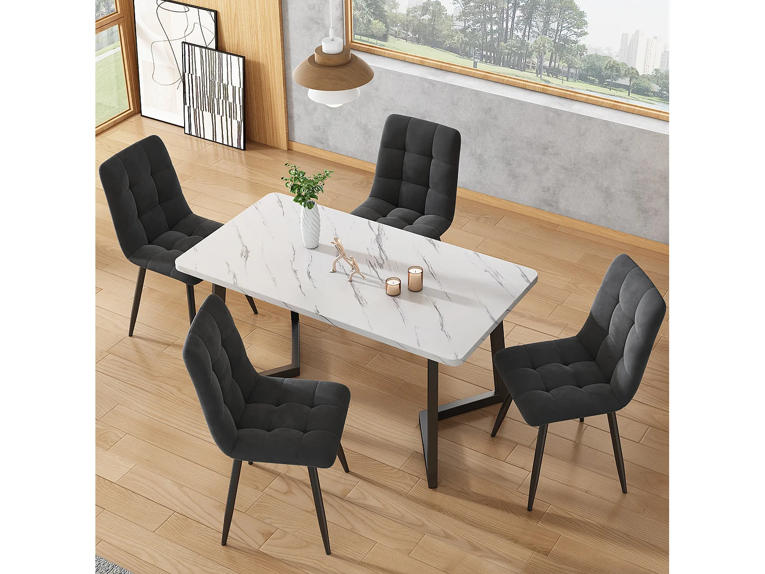 Rectangular dining table for 4 to 6 place settings with marble pattern - MDF wood + metal legs - black and white