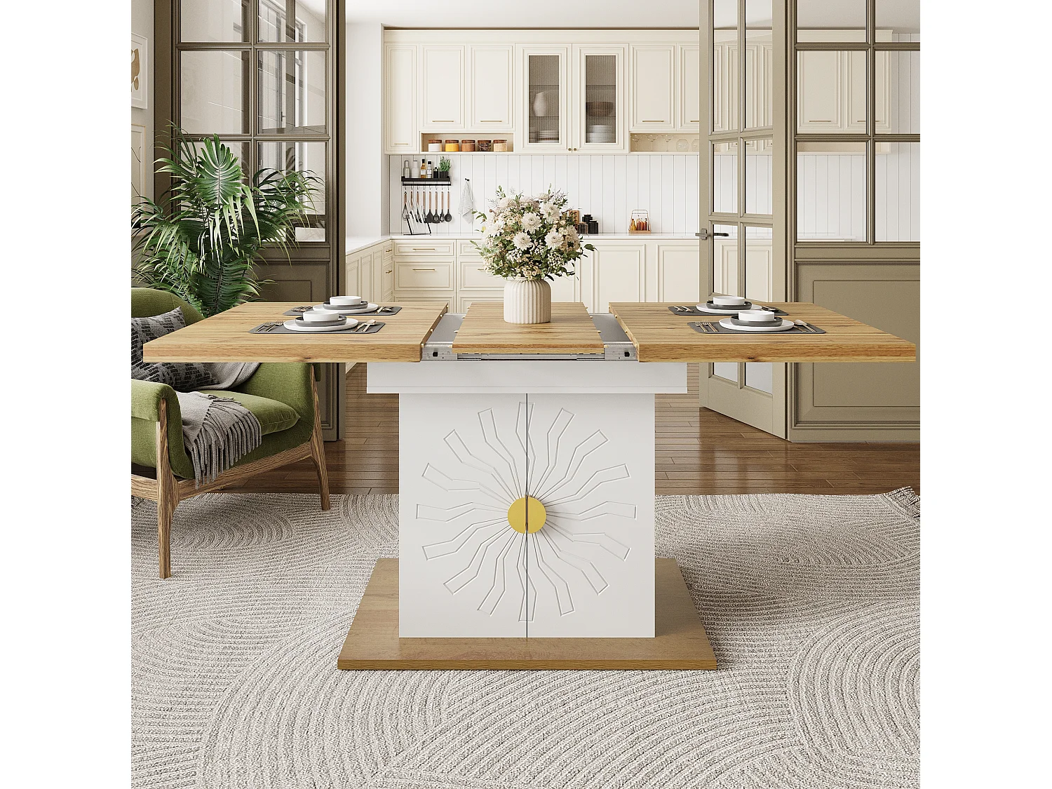 Extendable dining table for 4-6 people - 110 (140) x 70 x 76 cm - with 2 doors - MDF - white + natural
