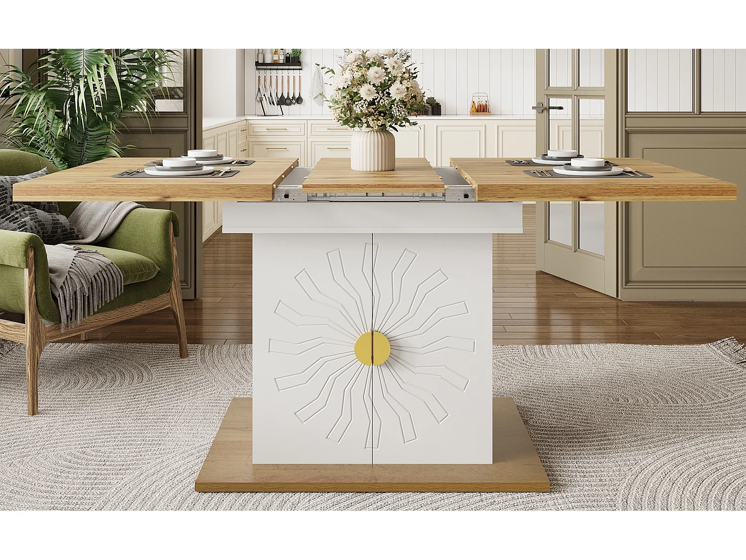 Extendable dining table for 4-6 people - 110 (140) x 70 x 76 cm - with 2 doors - MDF - white + natural