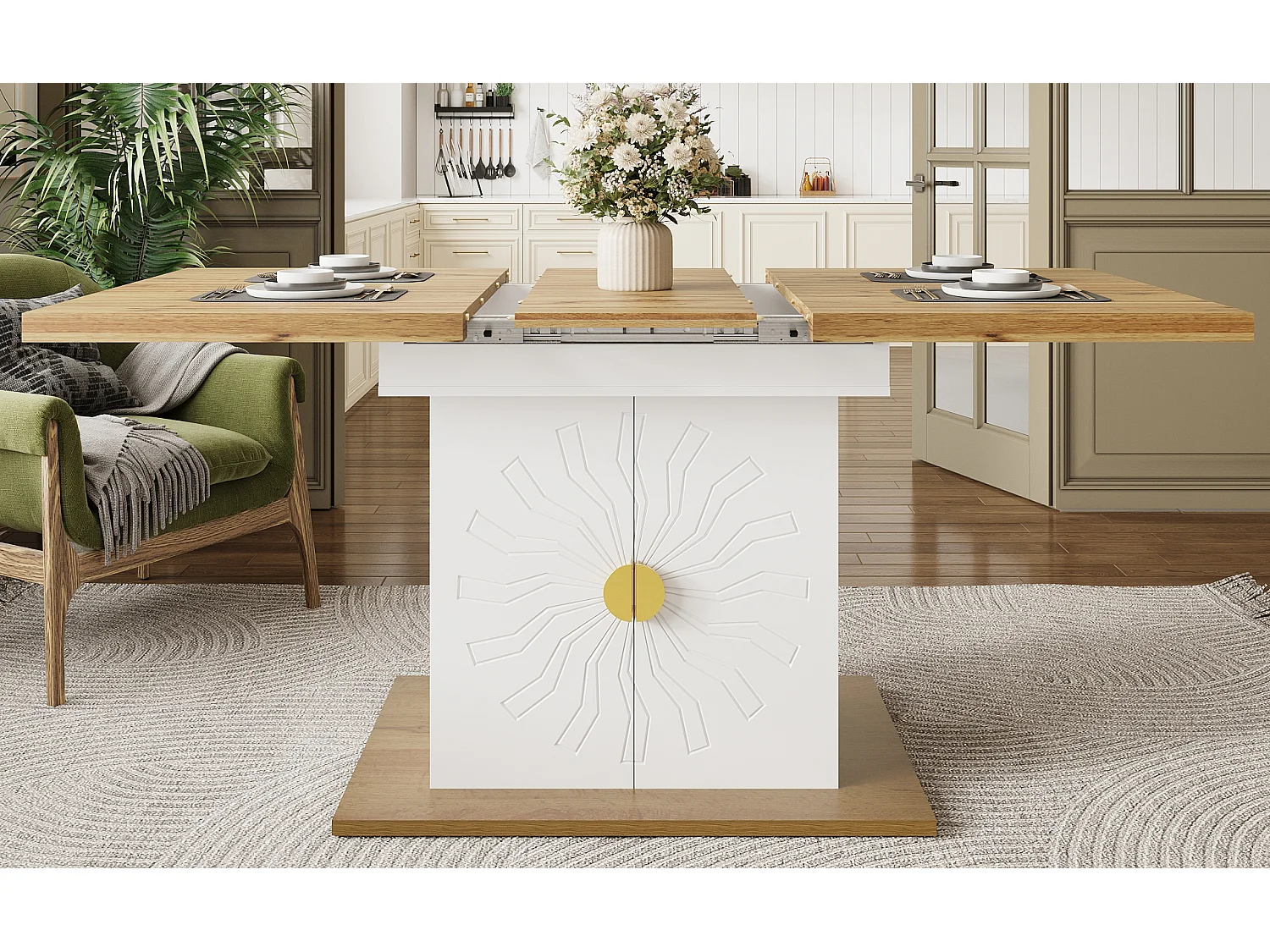 Extendable dining table for 4-6 people - 110 (140) x 70 x 76 cm - with 2 doors - MDF - white + natural
