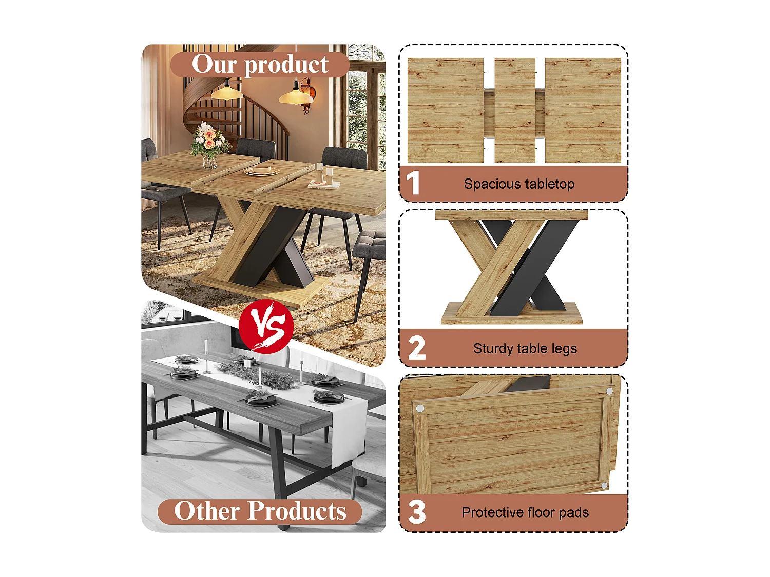 Extendable dining table - 119-158.5 x 80 x 75 cm - seats 4-6 - MDF - natural