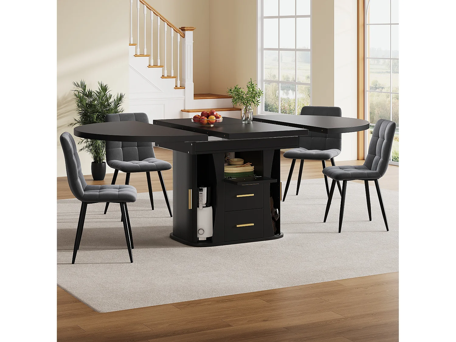 Extendable dining table for 6 people - 118/158 x 118 x 77 cm - with 3 doors + 2 drawers - MDF - black