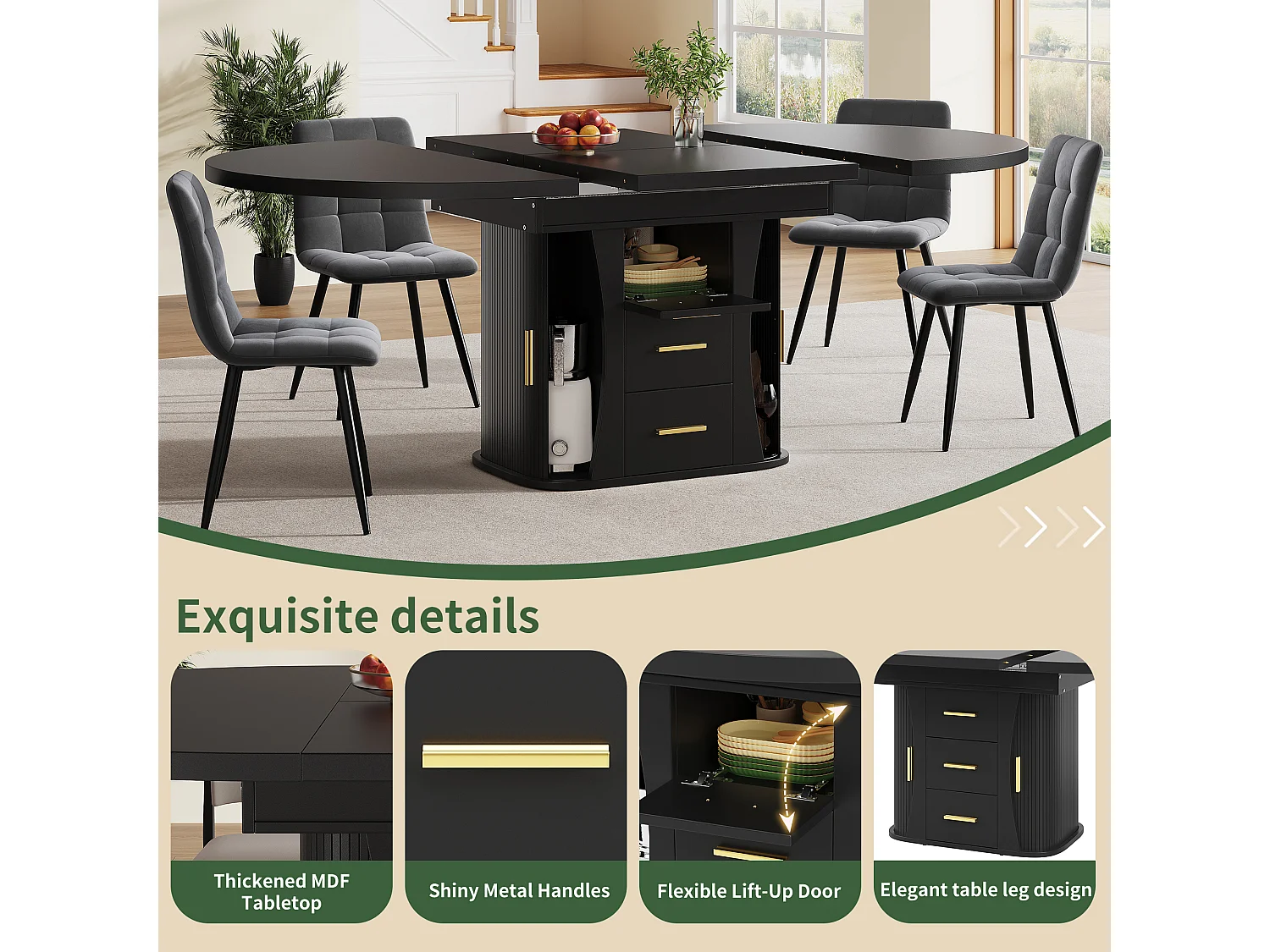 Extendable dining table for 6 people - 118/158 x 118 x 77 cm - with 3 doors + 2 drawers - MDF - black
