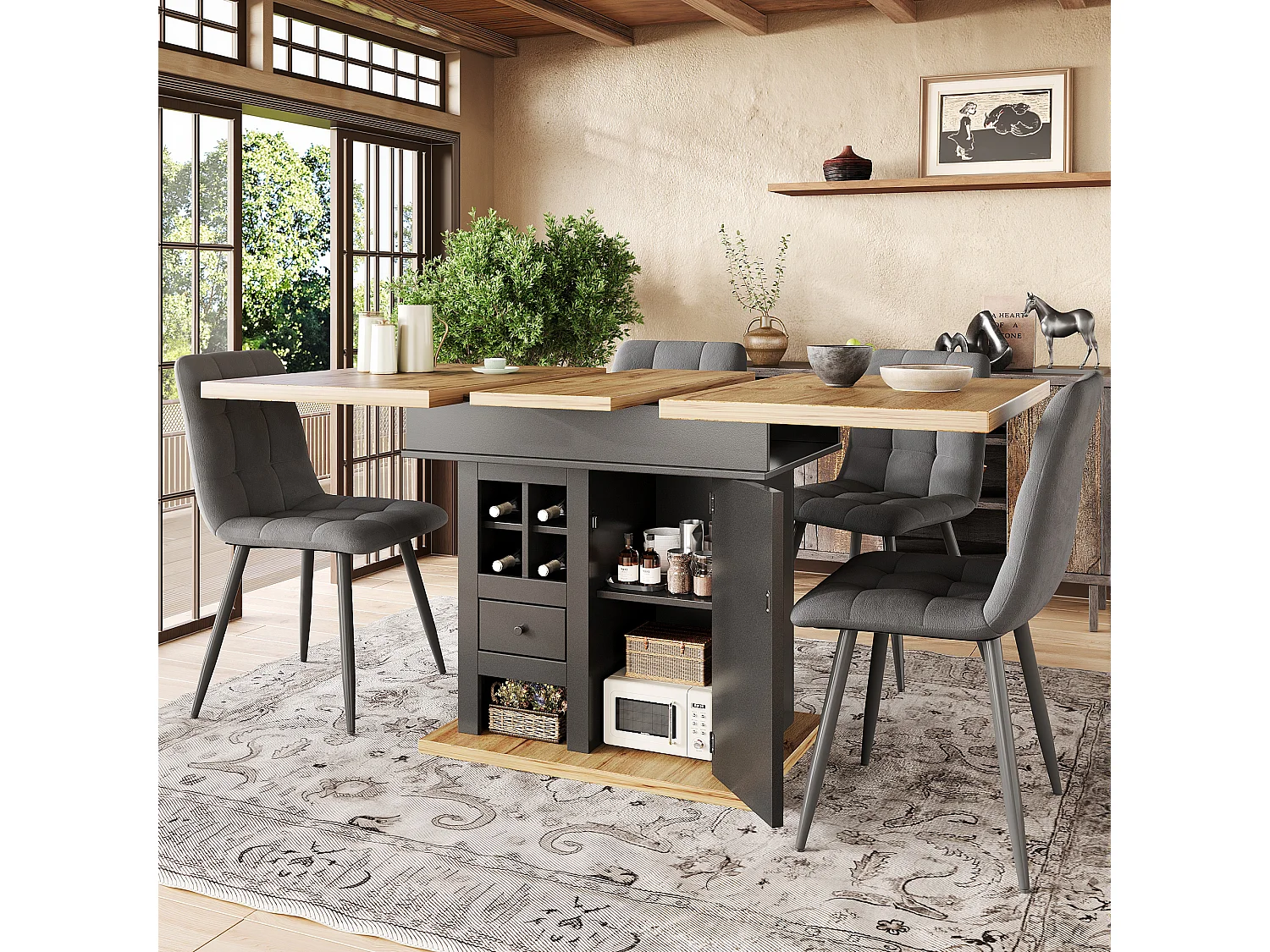 Folding dining table for 4-6 people - 110-140 x 80 x 75 cm - extendable - with door and drawer - MDF - black