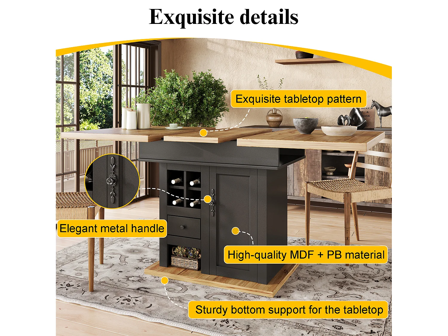 Folding dining table for 4-6 people - 110-140 x 80 x 75 cm - extendable - with door and drawer - MDF - black