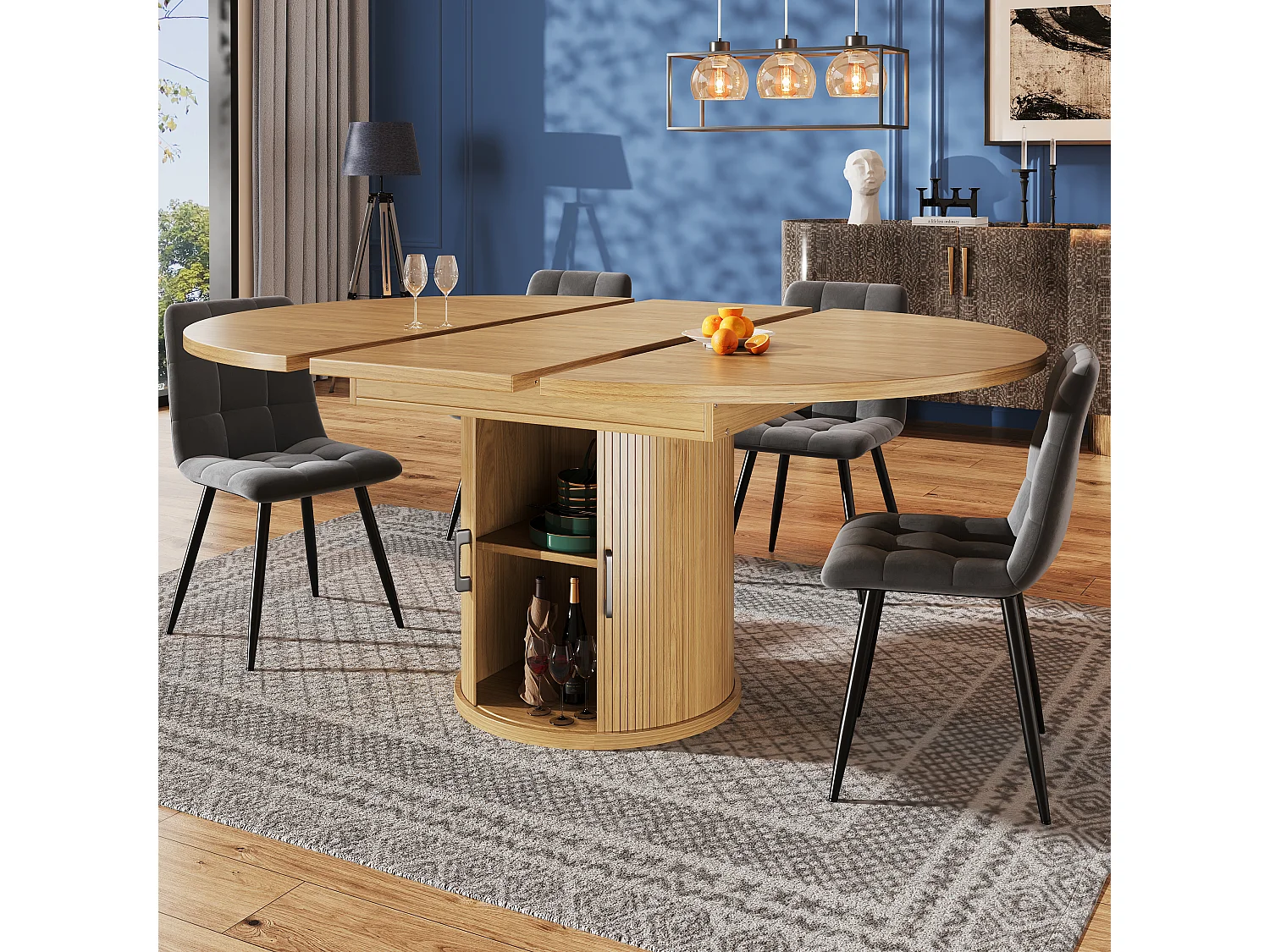 Extendable dining table for 6 people - 118/158 x 118 x 76.8 cm - with storage - MDF - natural