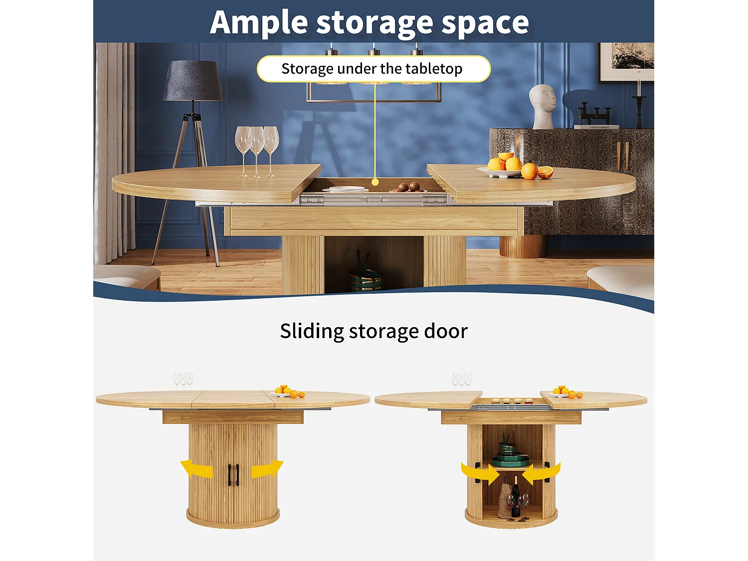 Extendable dining table for 6 people - 118/158 x 118 x 76.8 cm - with storage - MDF - natural