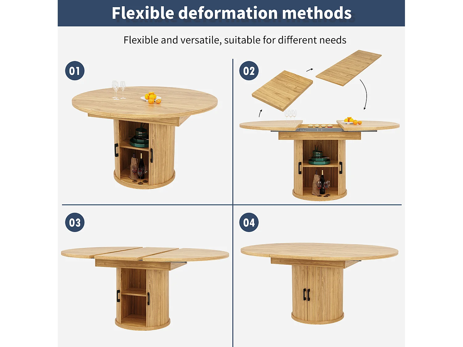 Extendable dining table for 6 people - 118/158 x 118 x 76.8 cm - with storage - MDF - natural