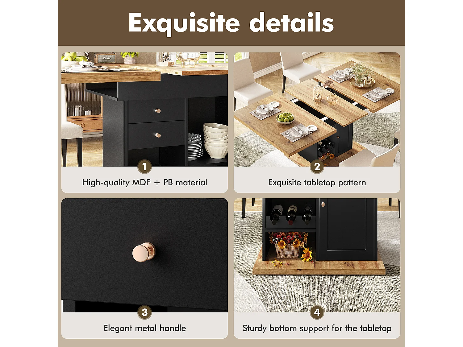 Folding dining table for 4-6 people - 110-140 x 80 x 75 cm - extendable - with 1 door + 2 drawers - MDF - black