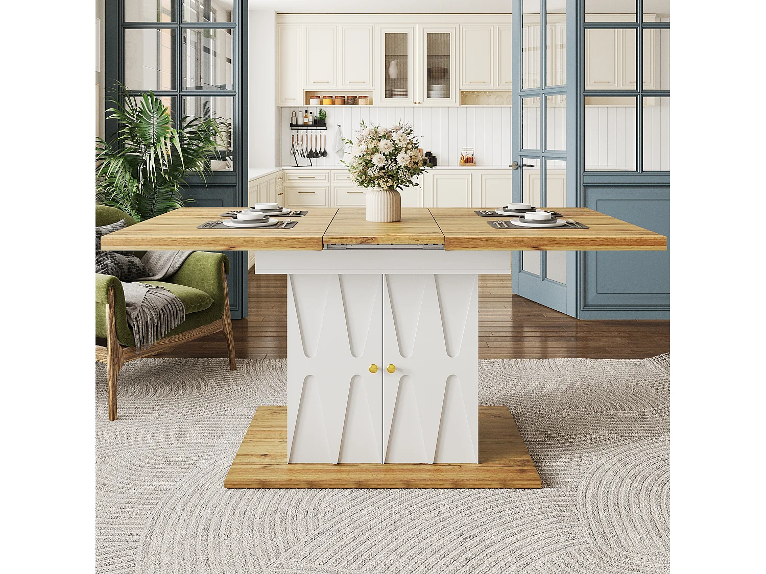 Extendable dining table for 4-6 people - 110 (140) x 70 x 76 cm - with 2 doors - MDF - white + natural