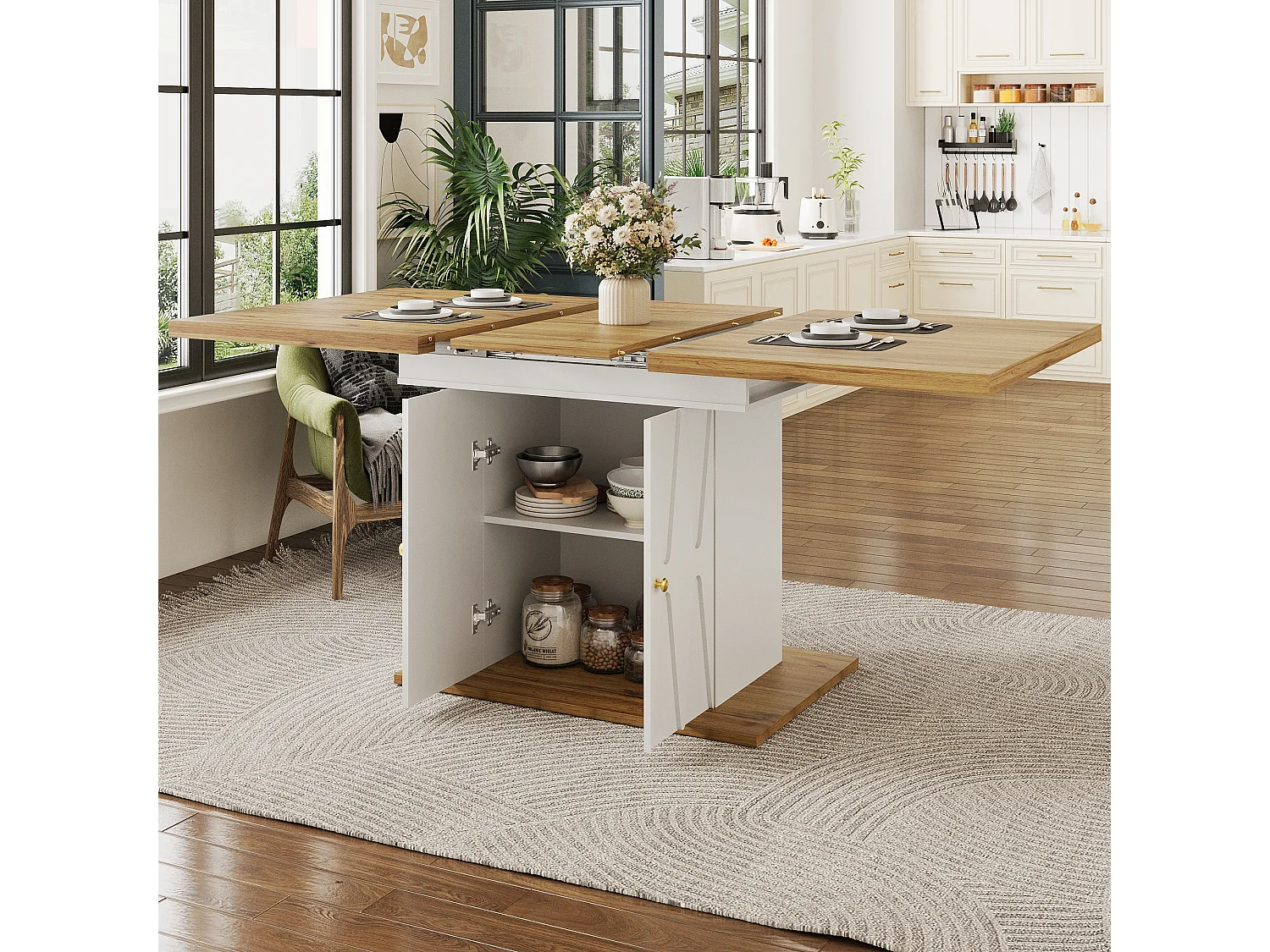 Extendable dining table for 4-6 people - 110 (140) x 70 x 76 cm - with 2 doors - MDF - white + natural