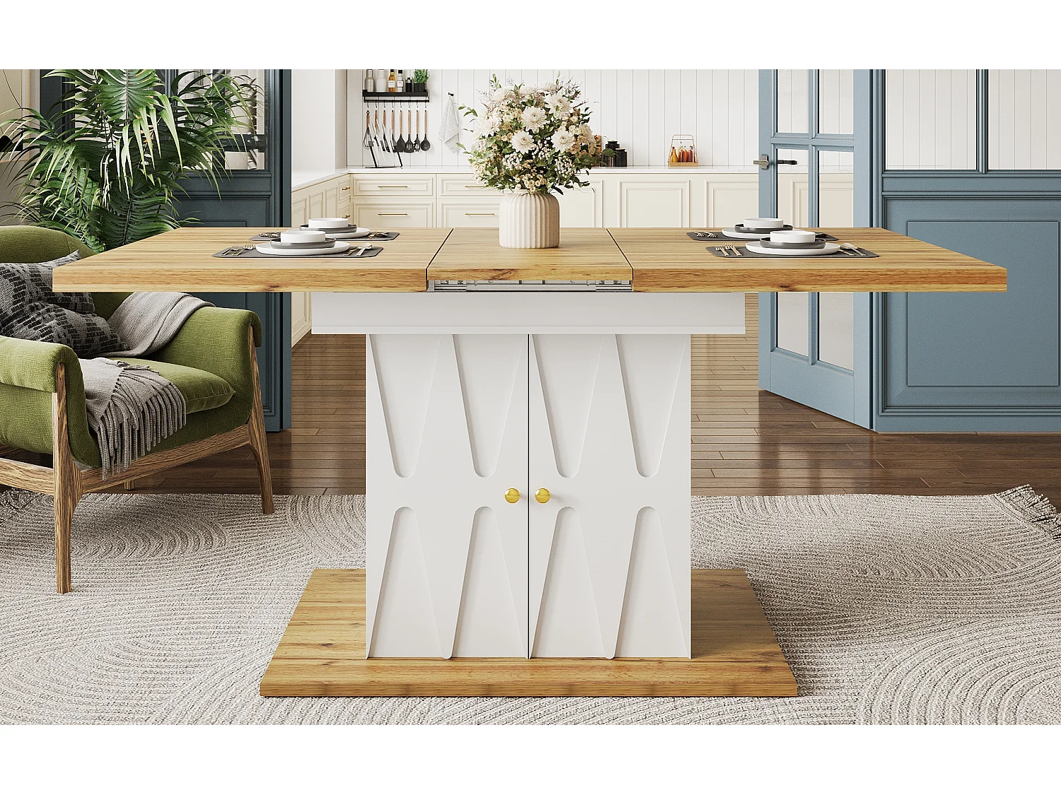 Extendable dining table for 4-6 people - 110 (140) x 70 x 76 cm - with 2 doors - MDF - white + natural