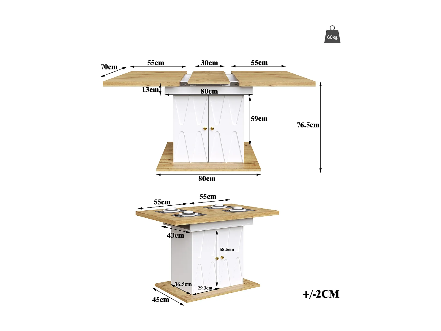 Extendable dining table for 4-6 people - 110 (140) x 70 x 76 cm - with 2 doors - MDF - white + natural