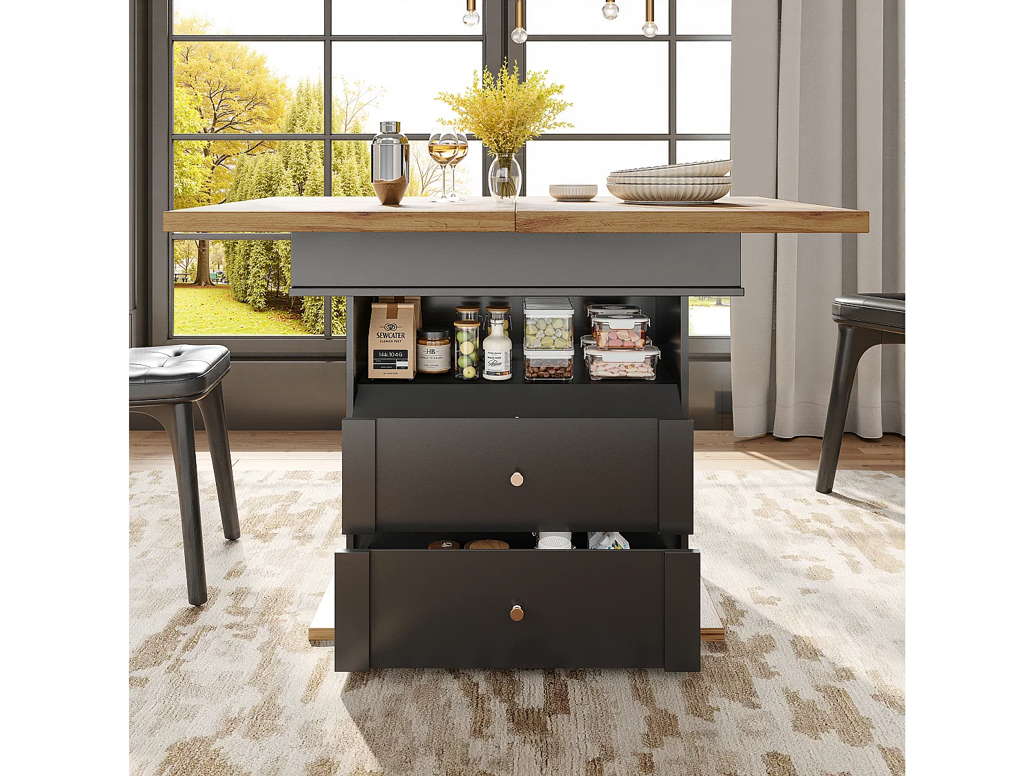 Folding dining table for 4-6 people - 110-140 x 80 x 75 cm - extendable - with 1 door + 2 drawers - MDF - black