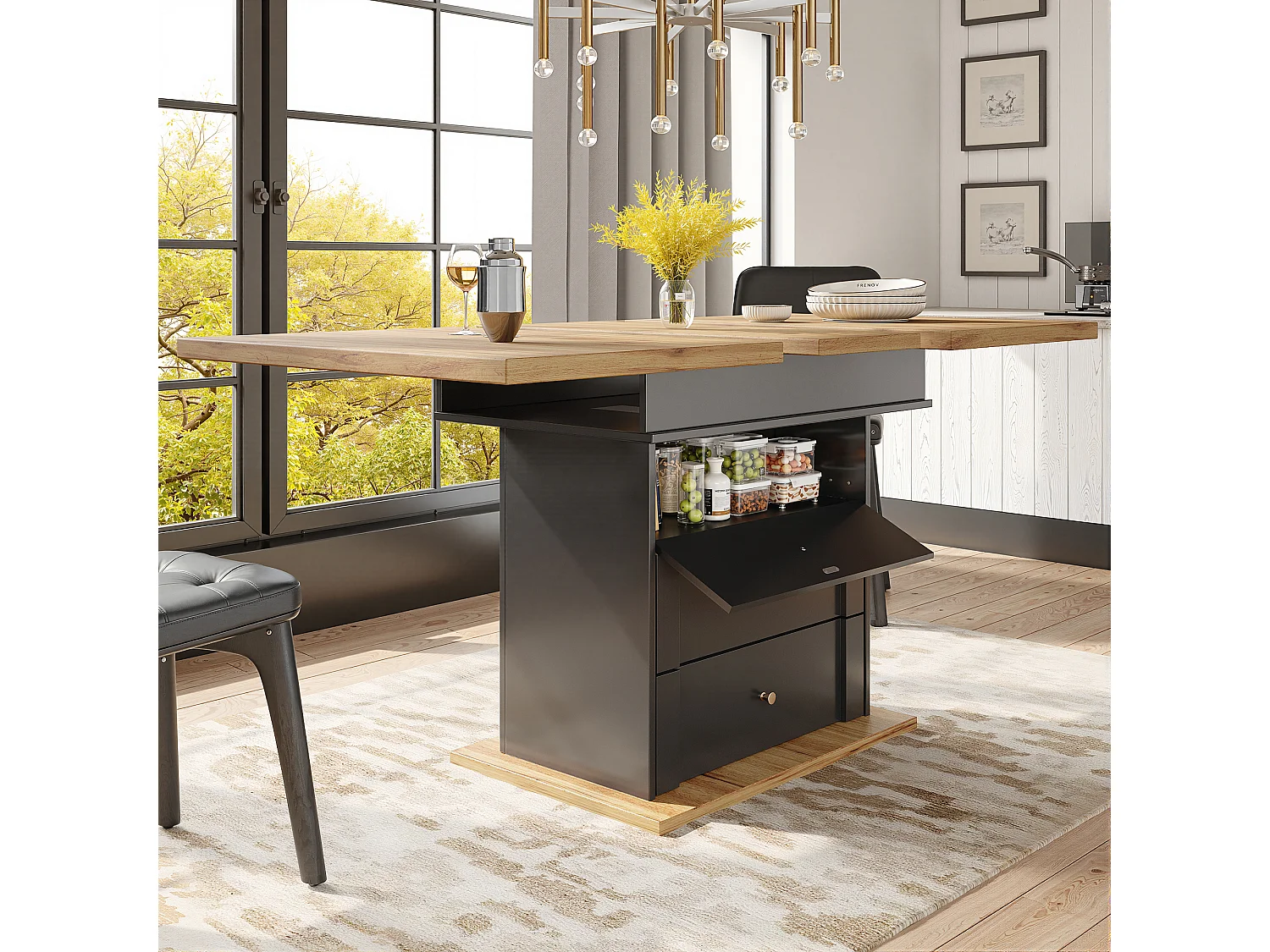 Folding dining table for 4-6 people - 110-140 x 80 x 75 cm - extendable - with 1 door + 2 drawers - MDF - black
