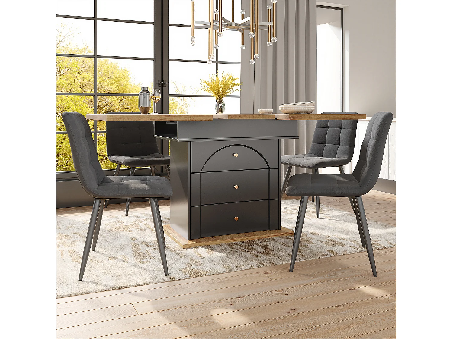 Folding dining table for 4-6 people - 110-140 x 80 x 75 cm - extendable - with 1 door + 2 drawers - MDF - black