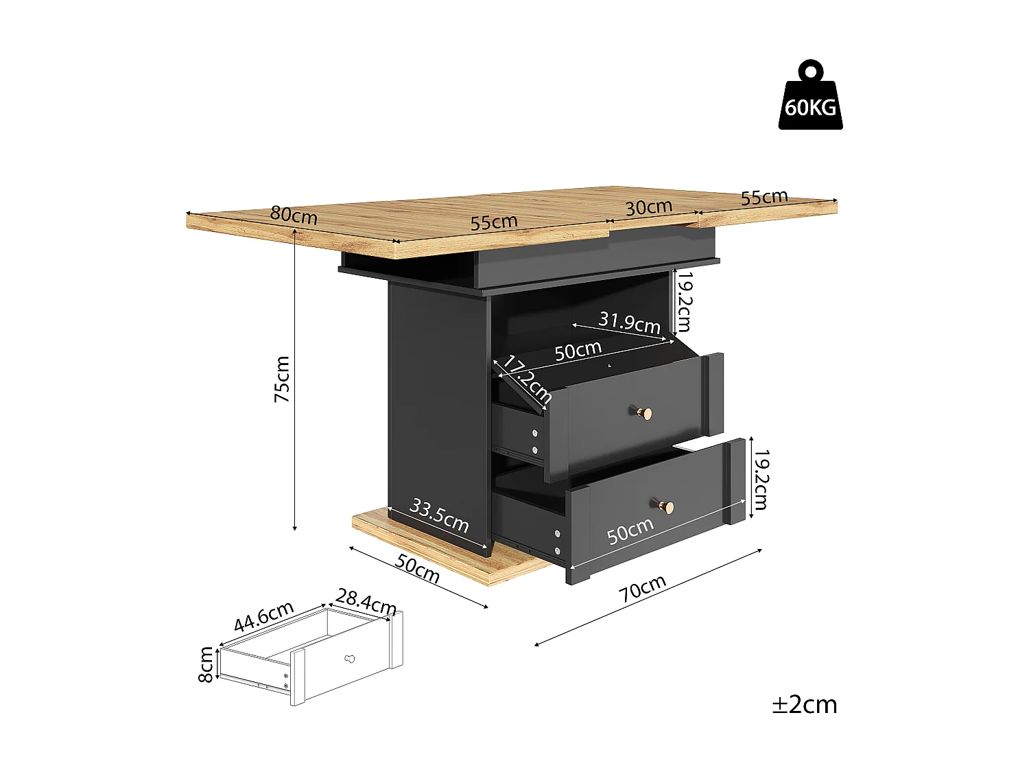 Folding dining table for 4-6 people - 110-140 x 80 x 75 cm - extendable - with 1 door + 2 drawers - MDF - black