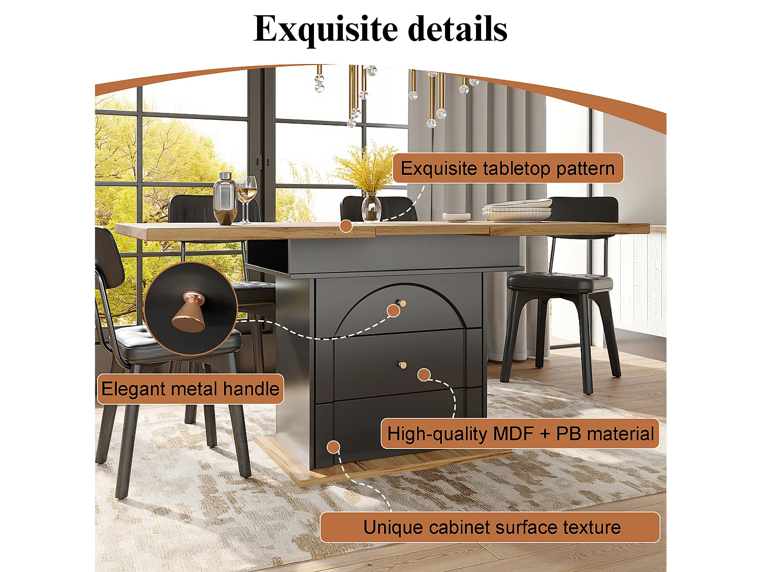 Folding dining table for 4-6 people - 110-140 x 80 x 75 cm - extendable - with 1 door + 2 drawers - MDF - black