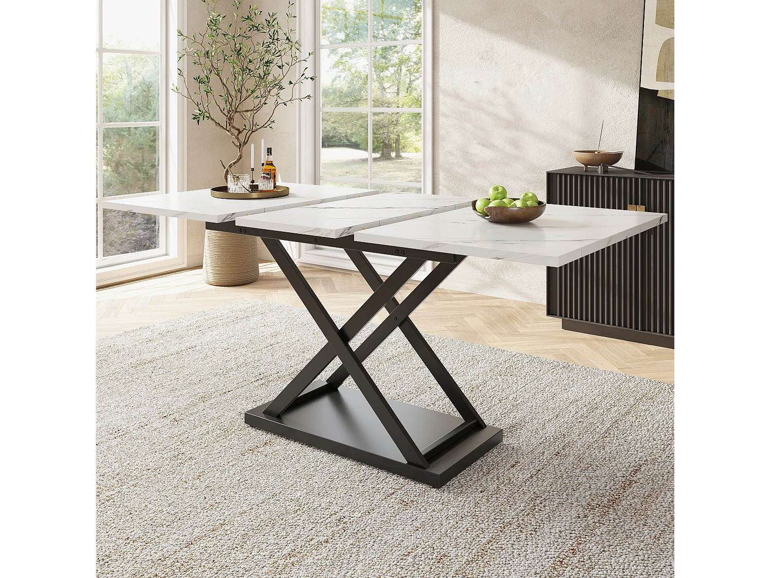 Extendable dining table - 120/160 x 80 x 75 cm - seats 4-6 - MDF wood - Crossed legs - white + black