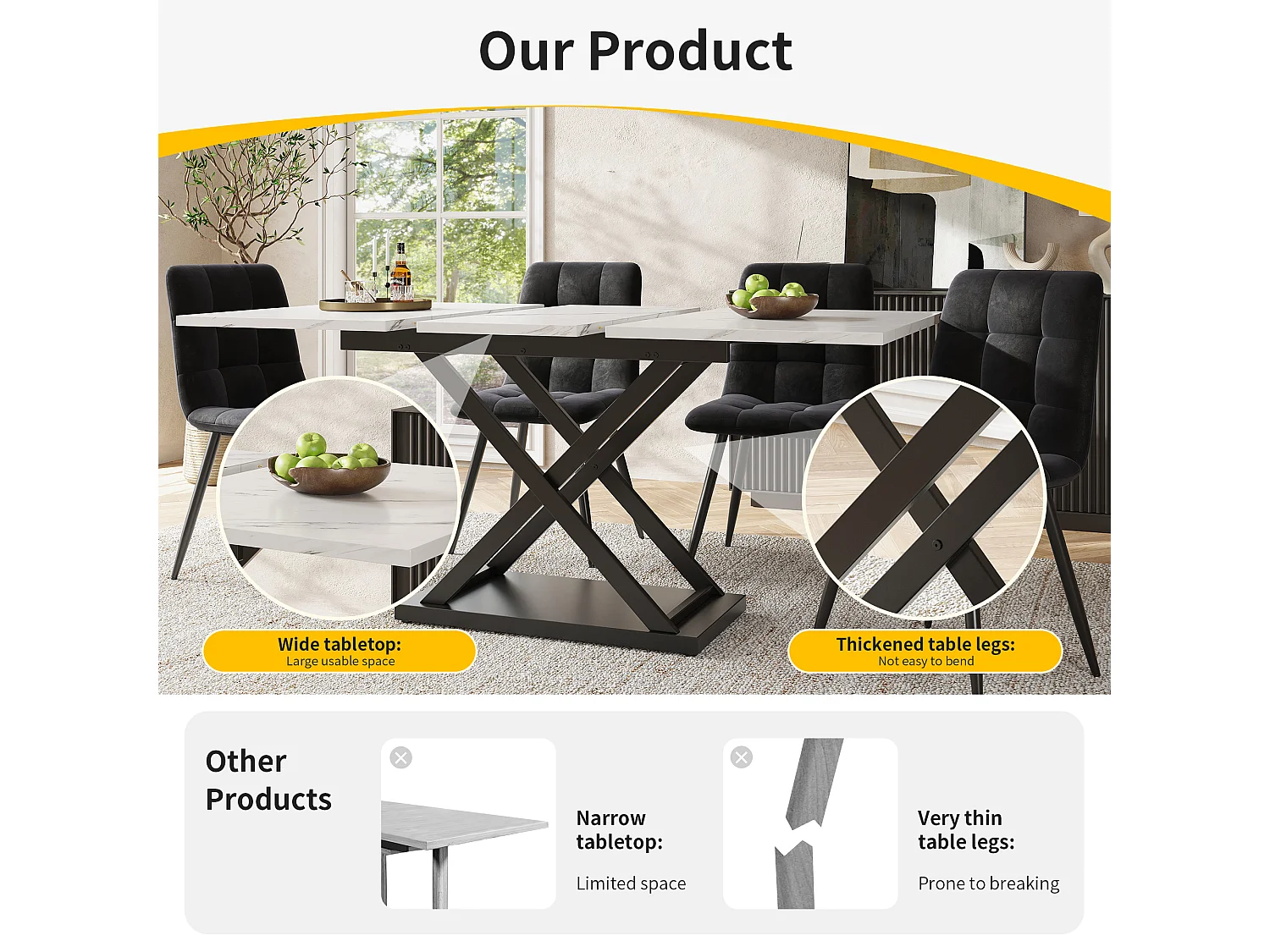 Extendable dining table - 120/160 x 80 x 75 cm - seats 4-6 - MDF wood - Crossed legs - white + black