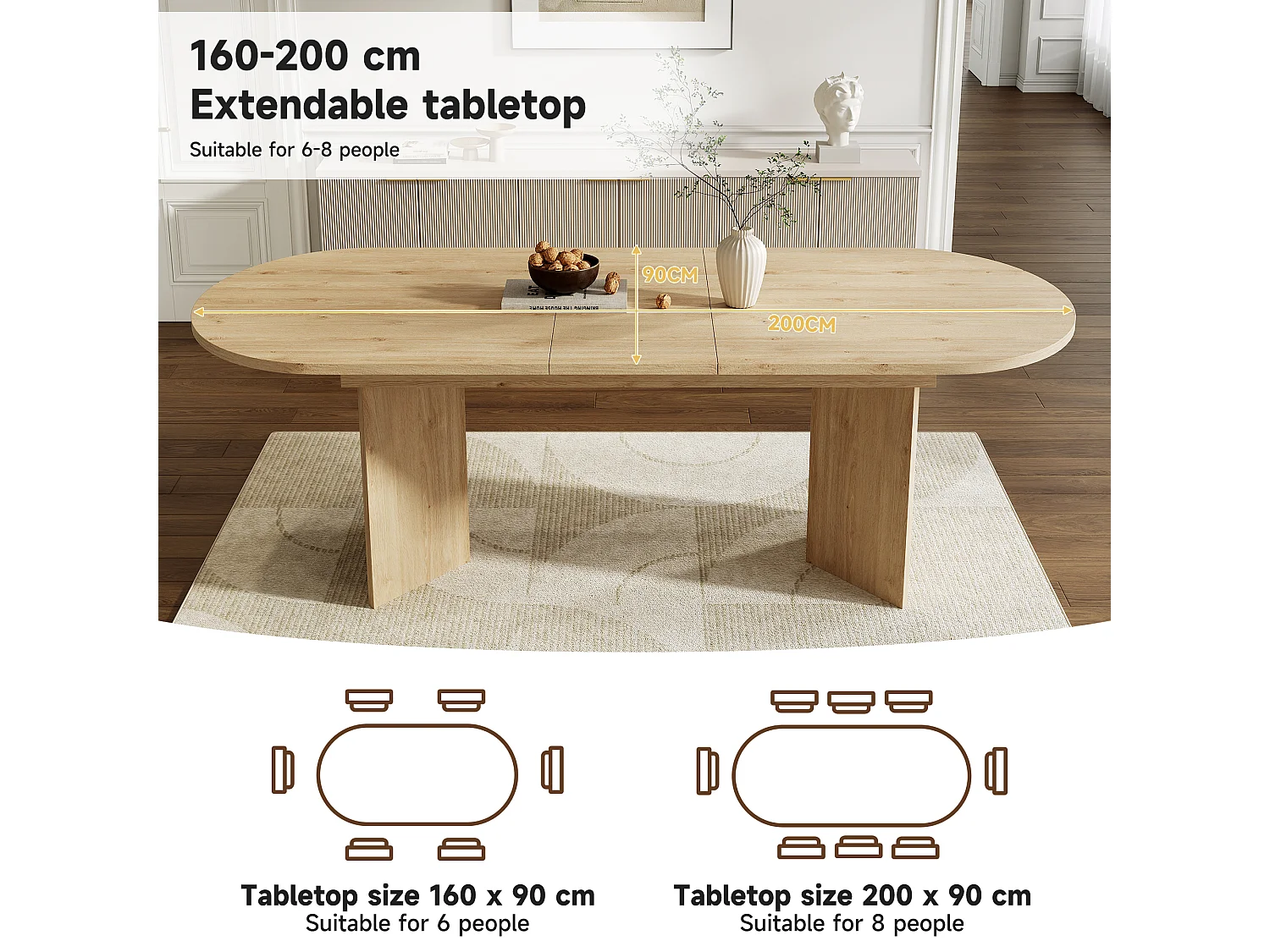 Extendable dining table - 160/200 x 90 x 75 cm - for 4 to 6 people - simple style - MDF - natural