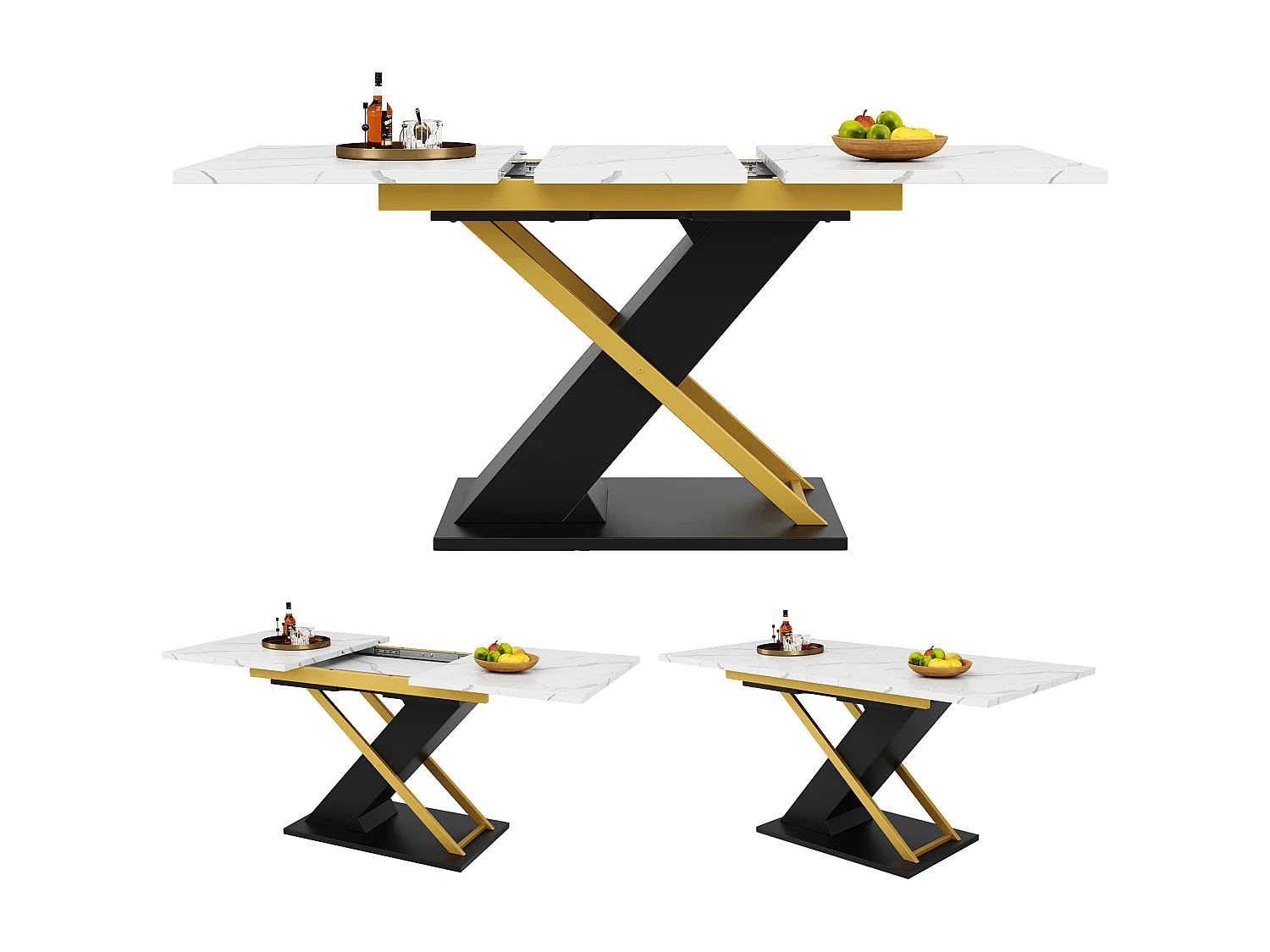 Extendable dining table for 4 to 6 people - 120/160 x 80 x 75.4 cm - MDF + Crossed metal legs - White + black
