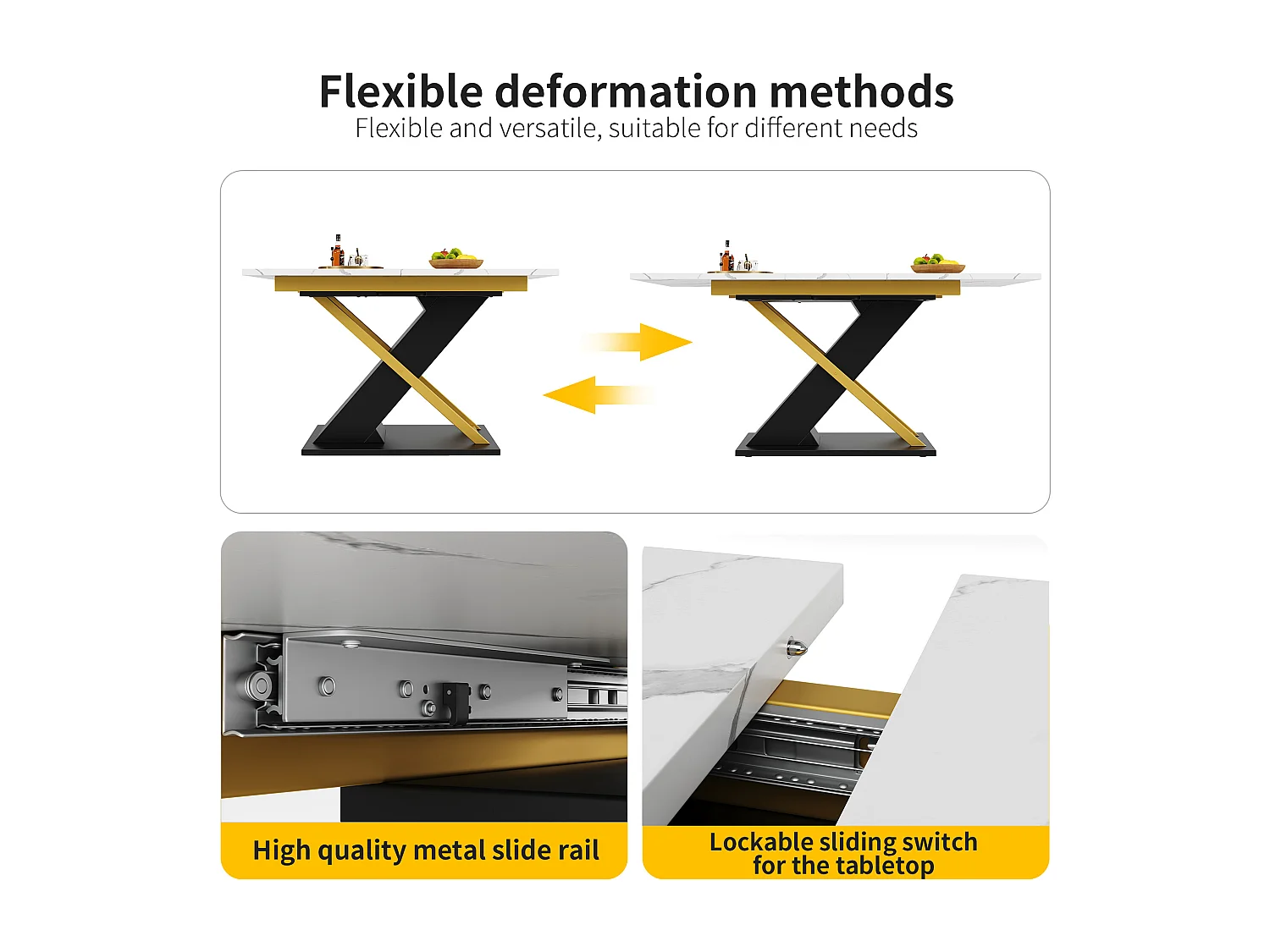 Extendable dining table for 4 to 6 people - 120/160 x 80 x 75.4 cm - MDF + Crossed metal legs - White + black