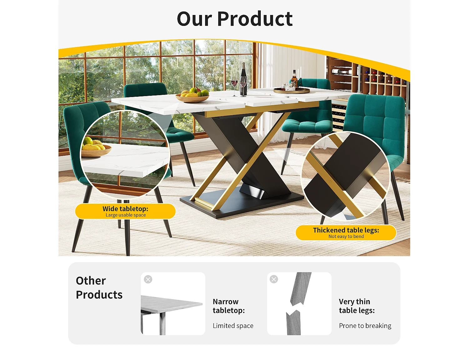 Extendable dining table for 4 to 6 people - 120/160 x 80 x 75.4 cm - MDF + Crossed metal legs - White + black