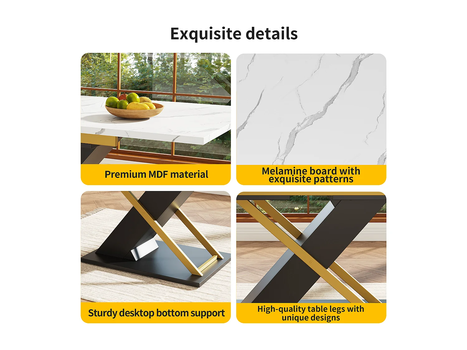 Extendable dining table for 4 to 6 people - 120/160 x 80 x 75.4 cm - MDF + Crossed metal legs - White + black