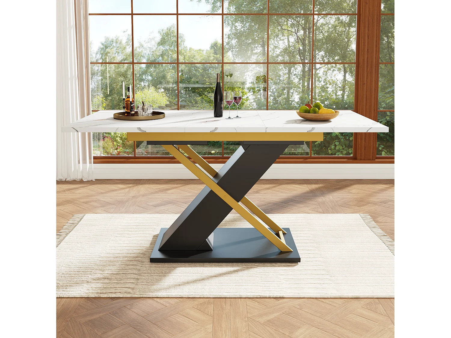 Extendable dining table for 4 to 6 people - 120/160 x 80 x 75.4 cm - MDF + Crossed metal legs - White + black