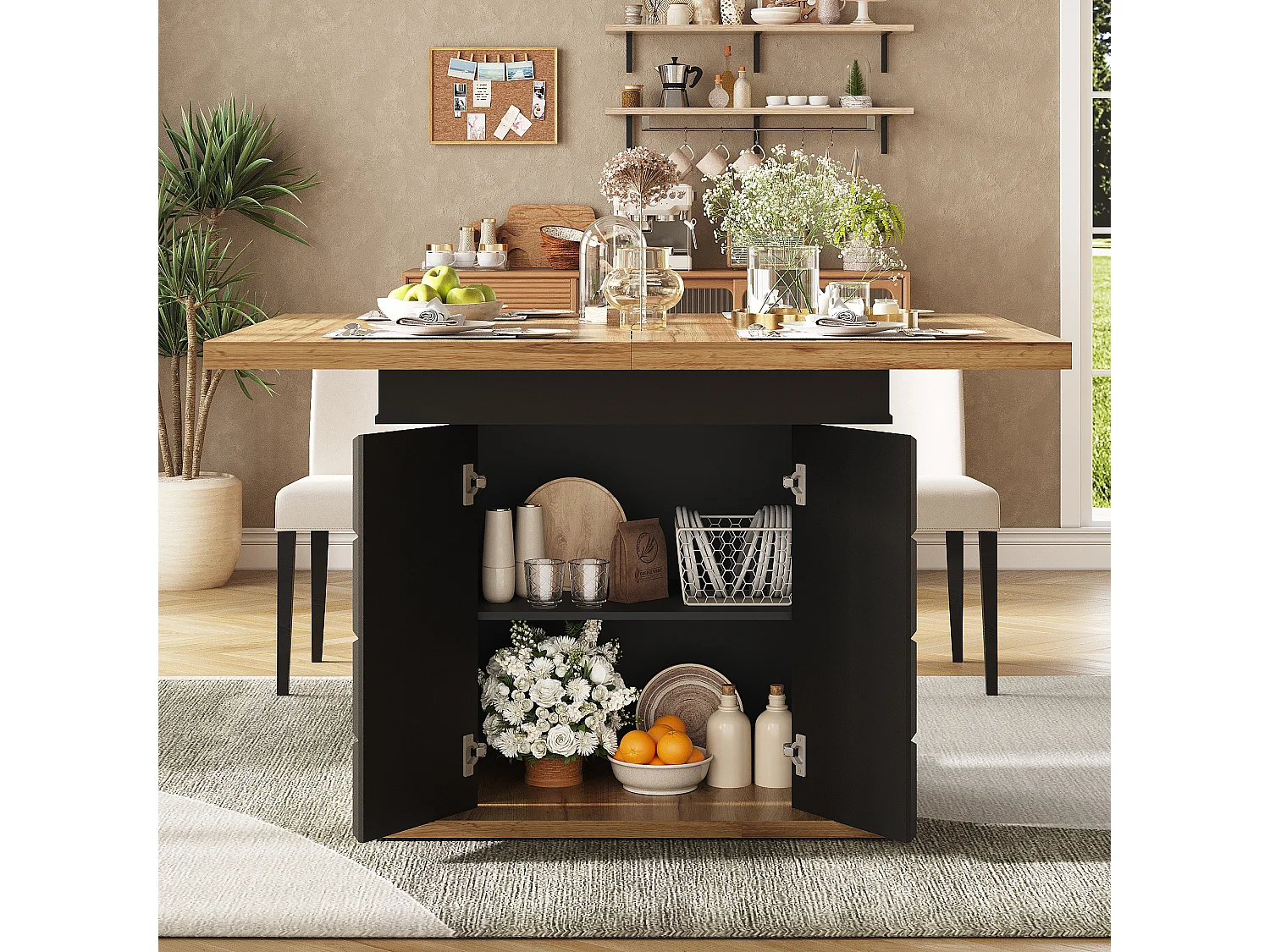 Folding dining table for 4-6 people - 110-140 x 80 x 75 cm - extendable - with 1 door - MDF - black