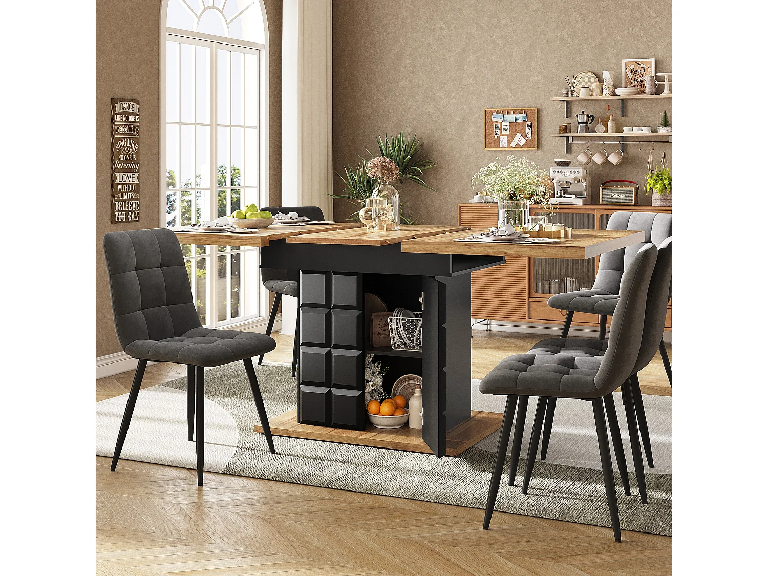 Folding dining table for 4-6 people - 110-140 x 80 x 75 cm - extendable - with 1 door - MDF - black